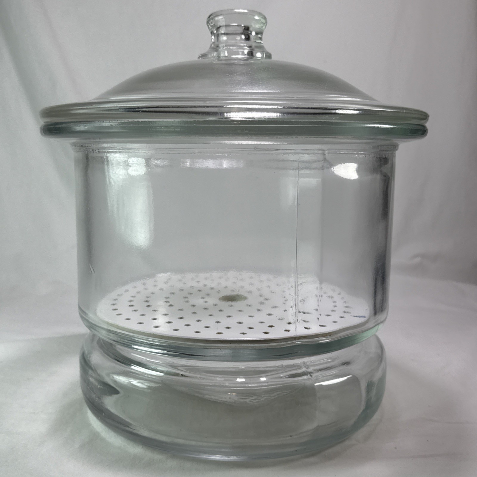 vintage Large glass desiccator jar greased rim coors porcelain plate 12”X 9” HTF