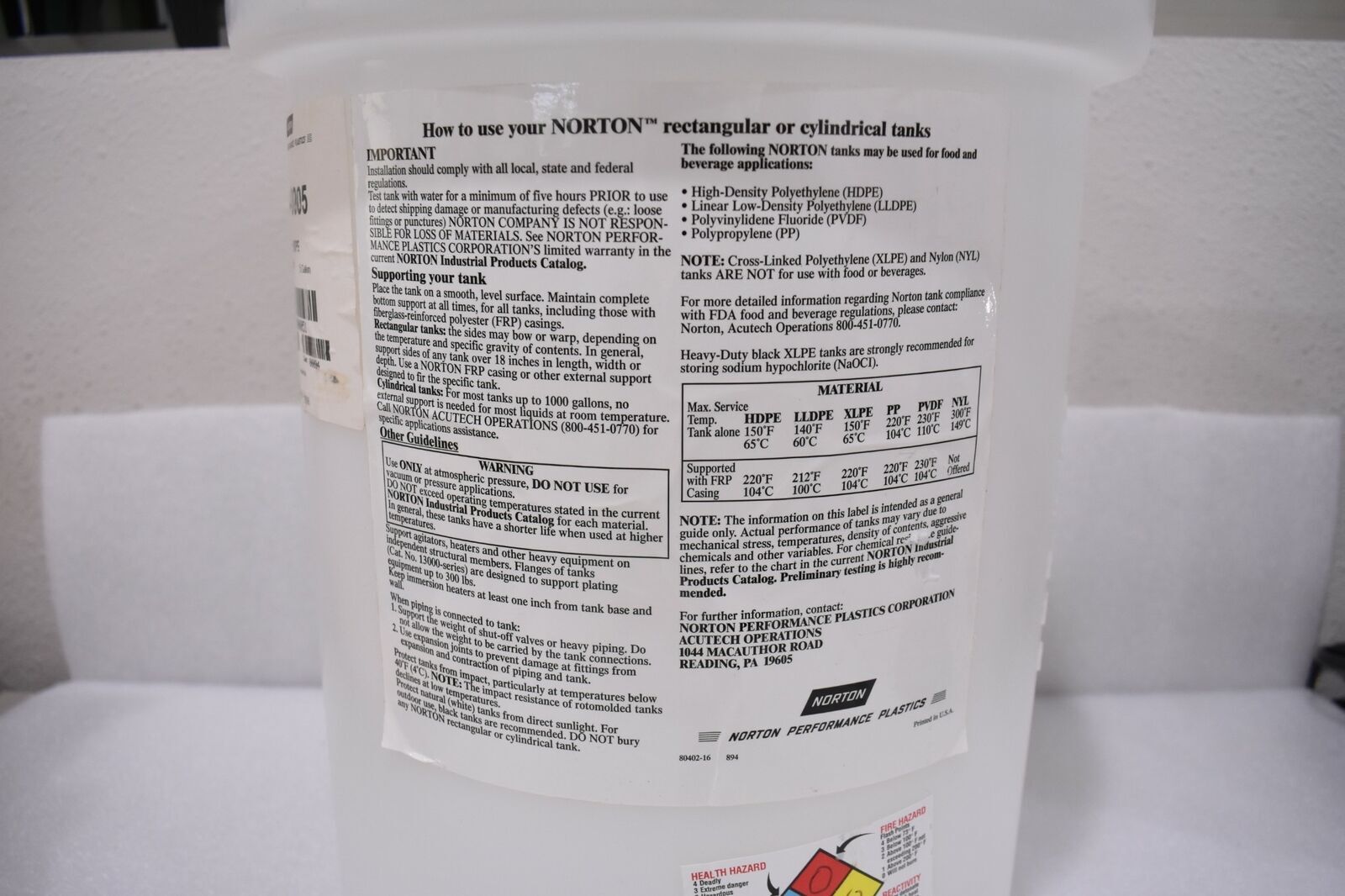 NORTON PERFORMANCE PLASTIC 11100-0005 5 GALLON 18 LITER CYLINDRICAL TANK NO LID