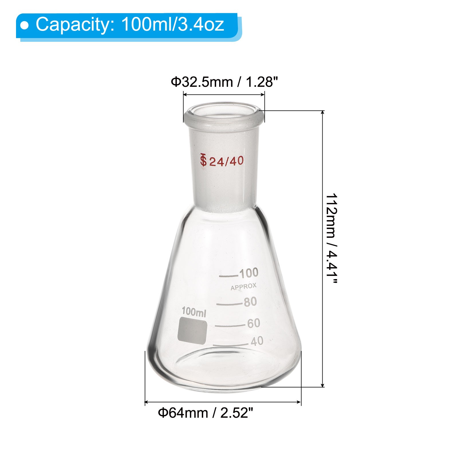 24/40 Erlenmeyer Flask, 100ml/3.4oz with 24/40 Standard Taper Outer Joint