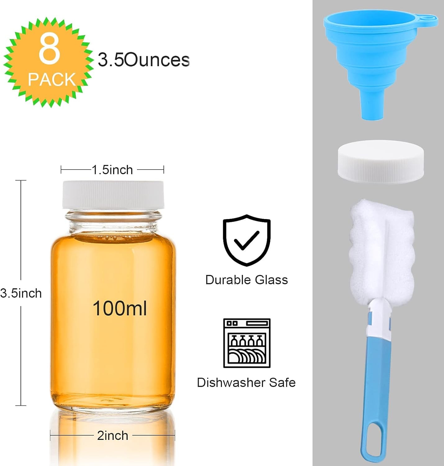 Glass Juice Shot Bottles with Caps – 8 Pack 3.5oz Small 3.5 oz glass, clear