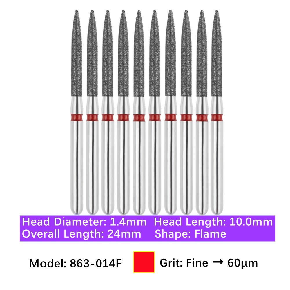 Vakker 10pc Dental 863-014F Fine Grit FG Diamond Burs Friction Grip Flame Shape