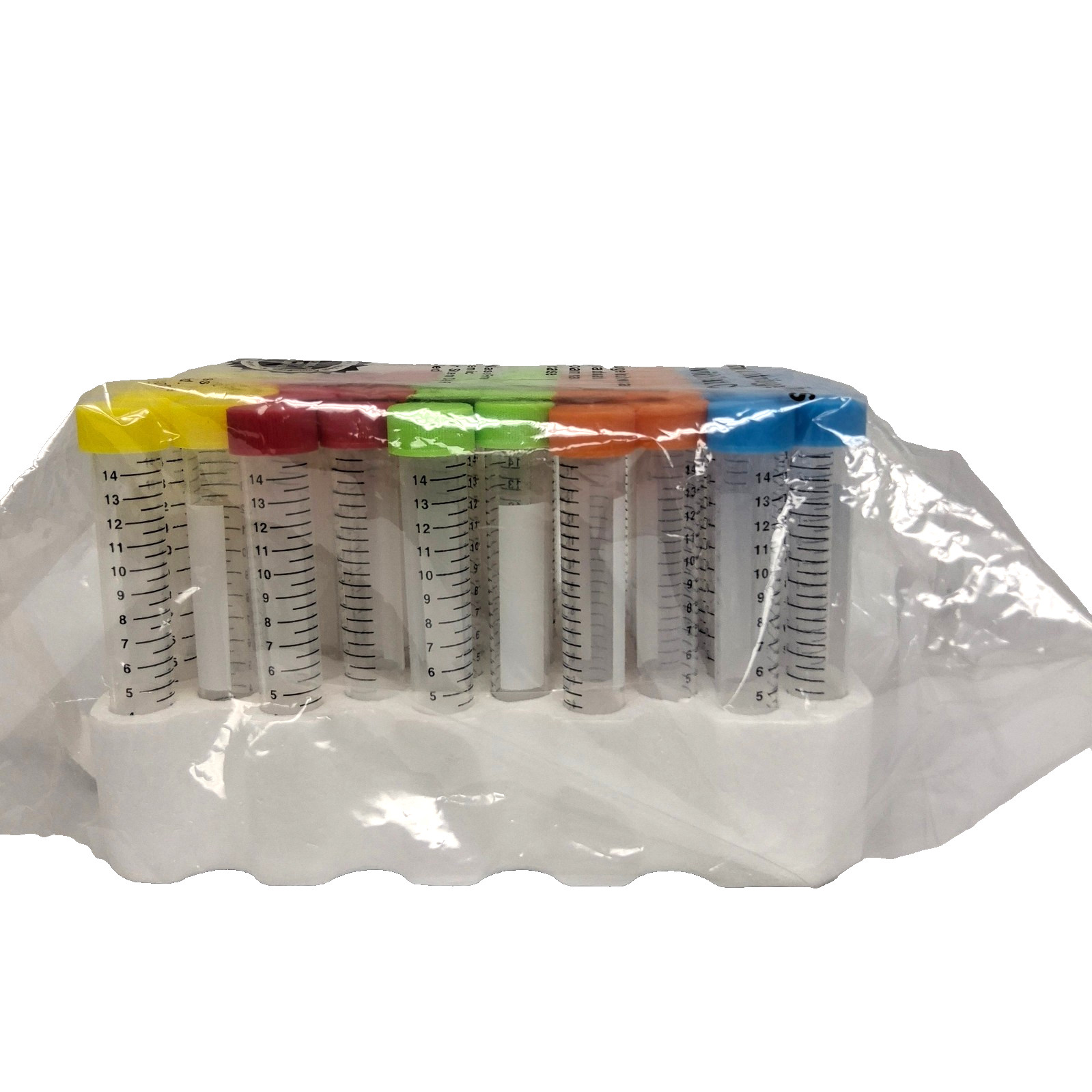 15mL Centrifuge Tubes with Flat Caps Conical Bottom Graduated 50ct Foam Rack