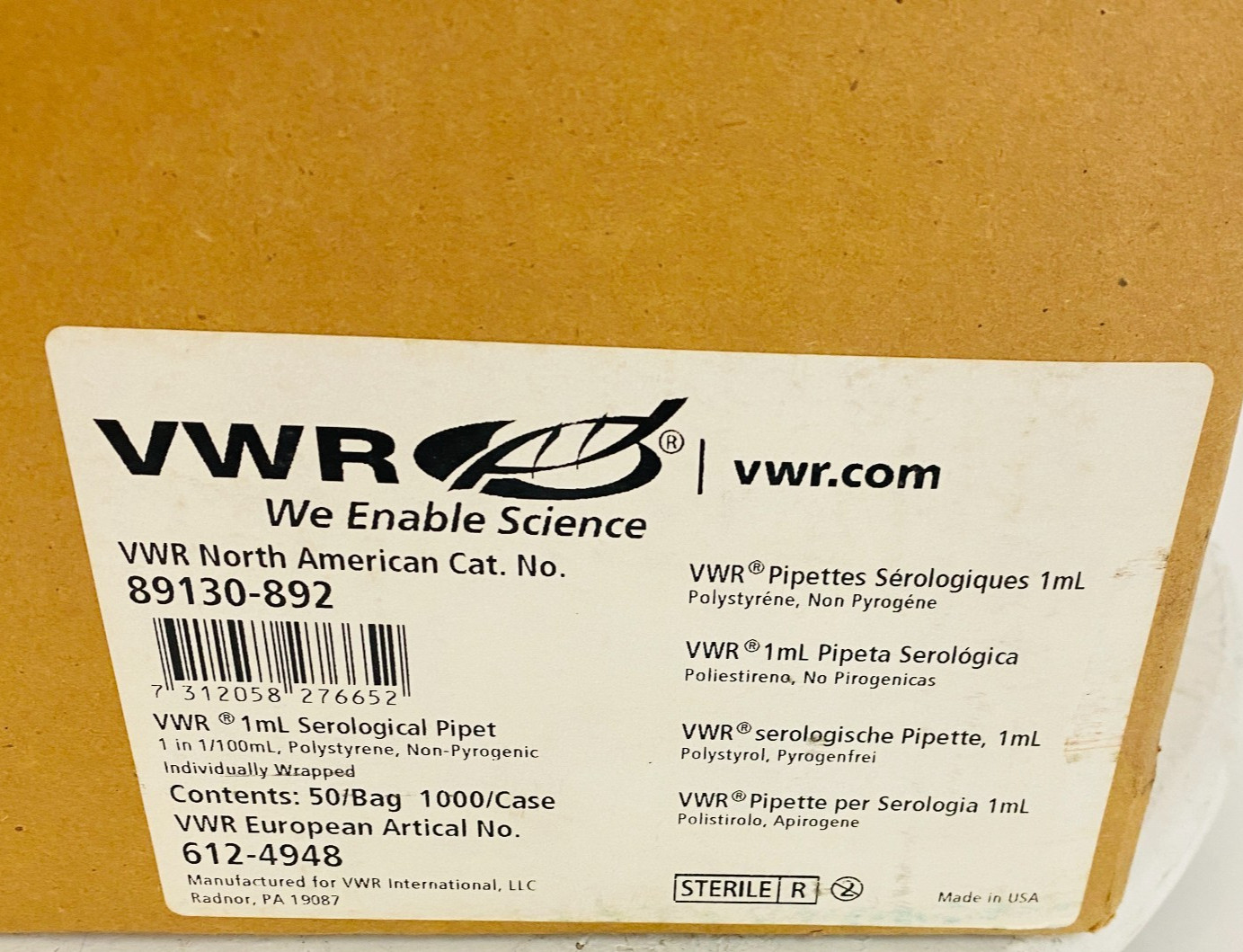 VWR 1mL Serological Pipettes 89130-892 Sterile Individually Wrapped – 1000 Pcs