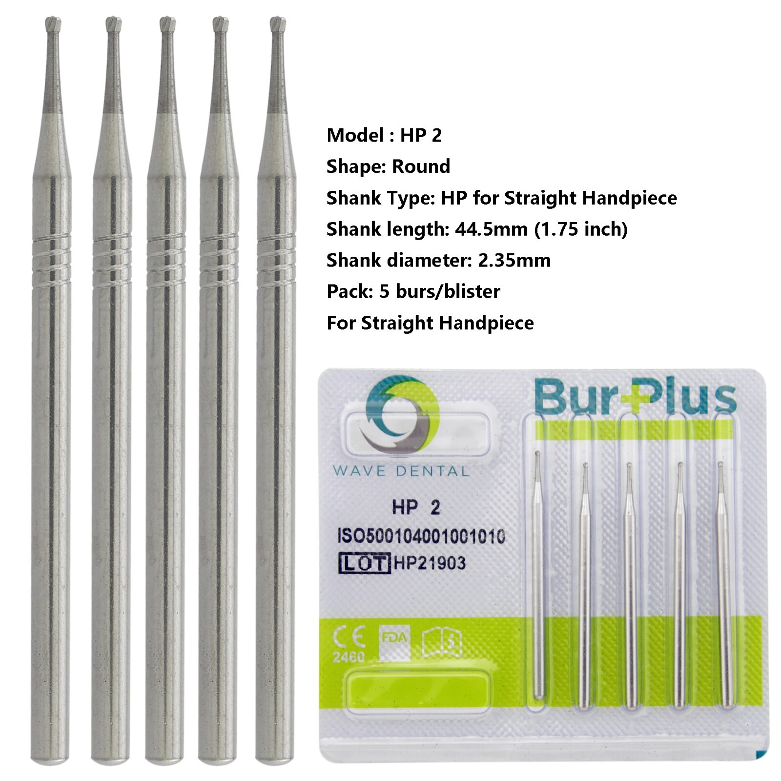 Wave Dental Round Tungsten Carbide Burs HP 44.5mm Shank for Straight Handpiece