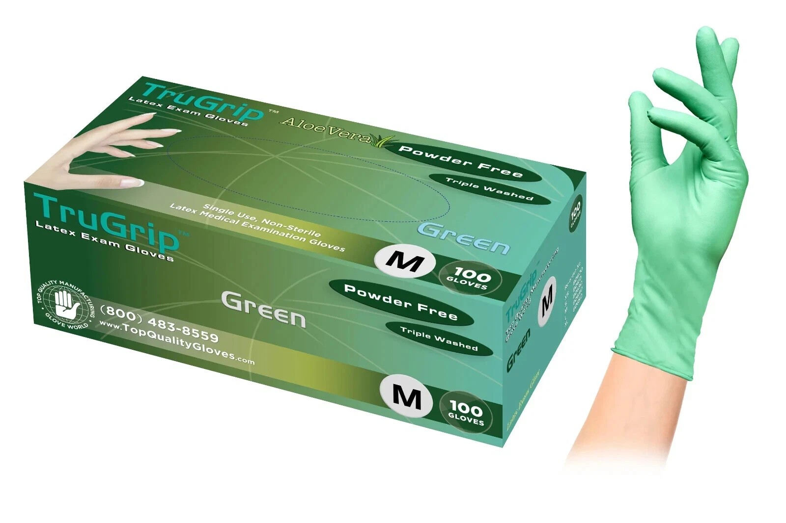 TruGrip Green Aloe Medium Latex Exam Gloves Powder Free 100 Size M