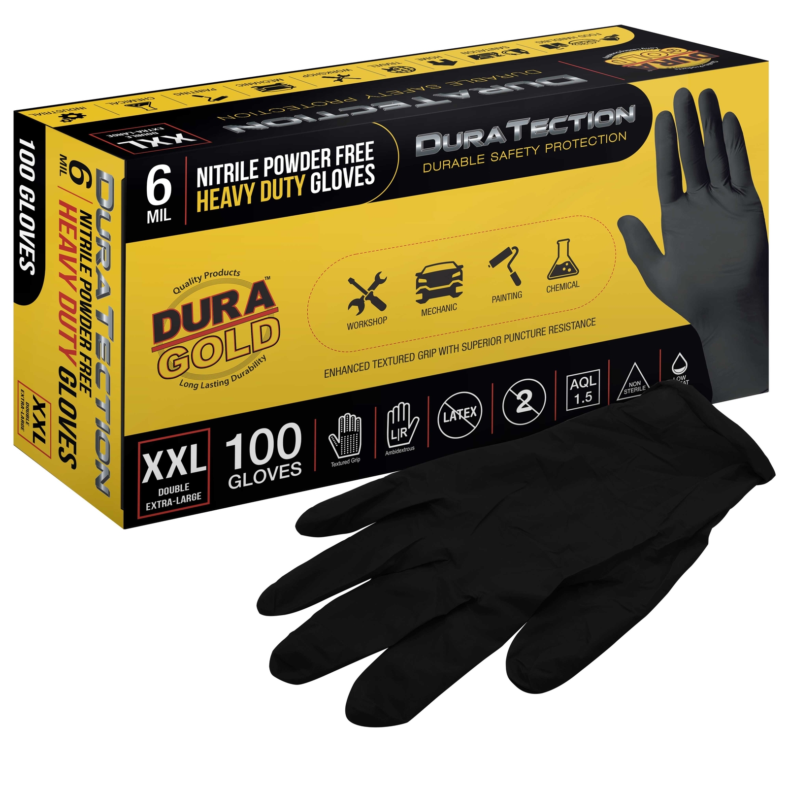 Dura-Gold HD Black Nitrile Disposable Gloves, Box of 100, Size XX-Large, 6 Mil