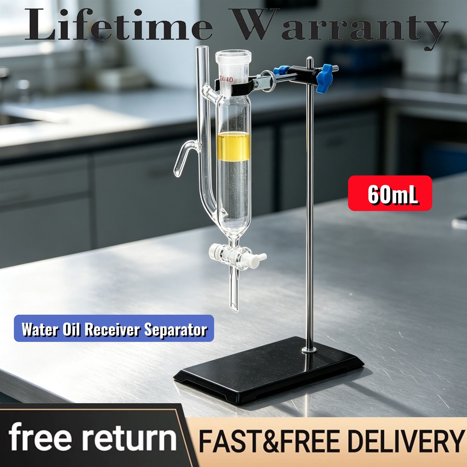 60ml Water Oil Receiver Separator w/ 24/40 Joint , Stand Glass Lab Distillation