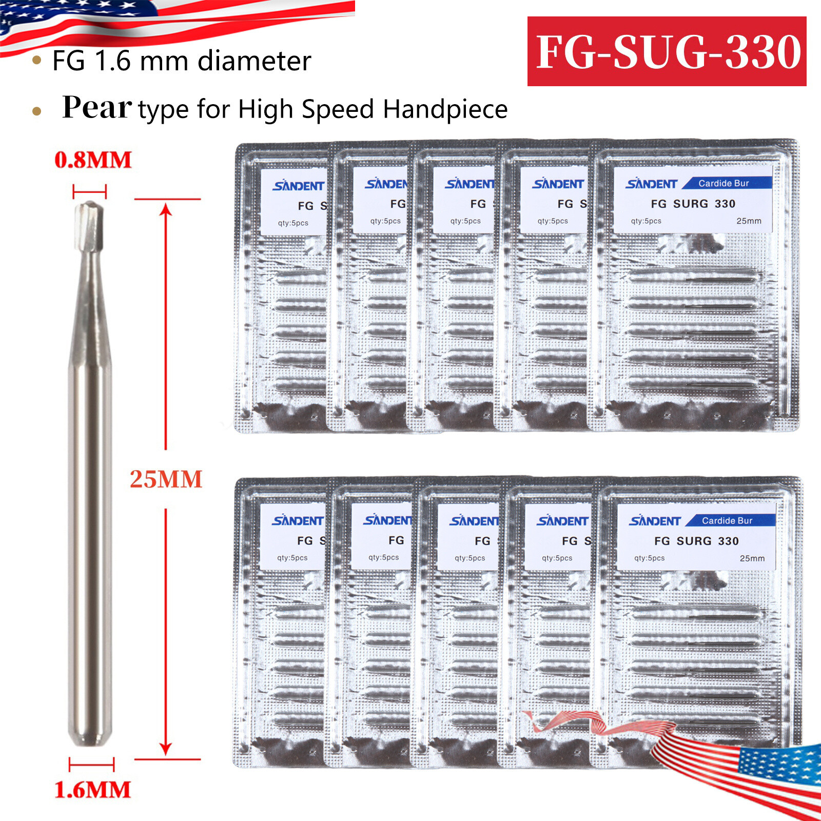 Dental Carbide Bur FG 330L Pear Long Head. Made in China 25mm Surgical