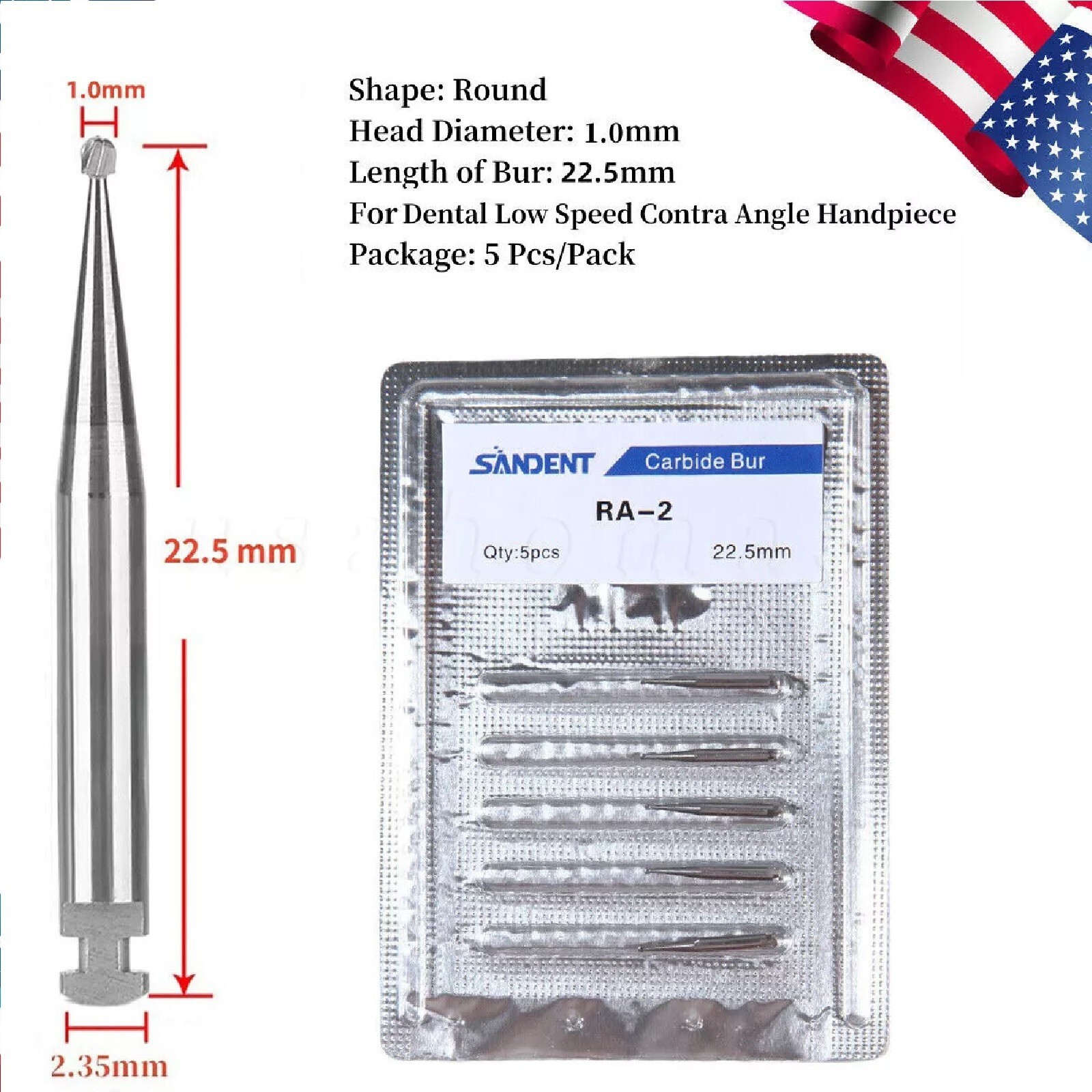5 pcs/ pack Dental Tungsten Carbide Steel Burs for slow low handpiece RA-2 USA