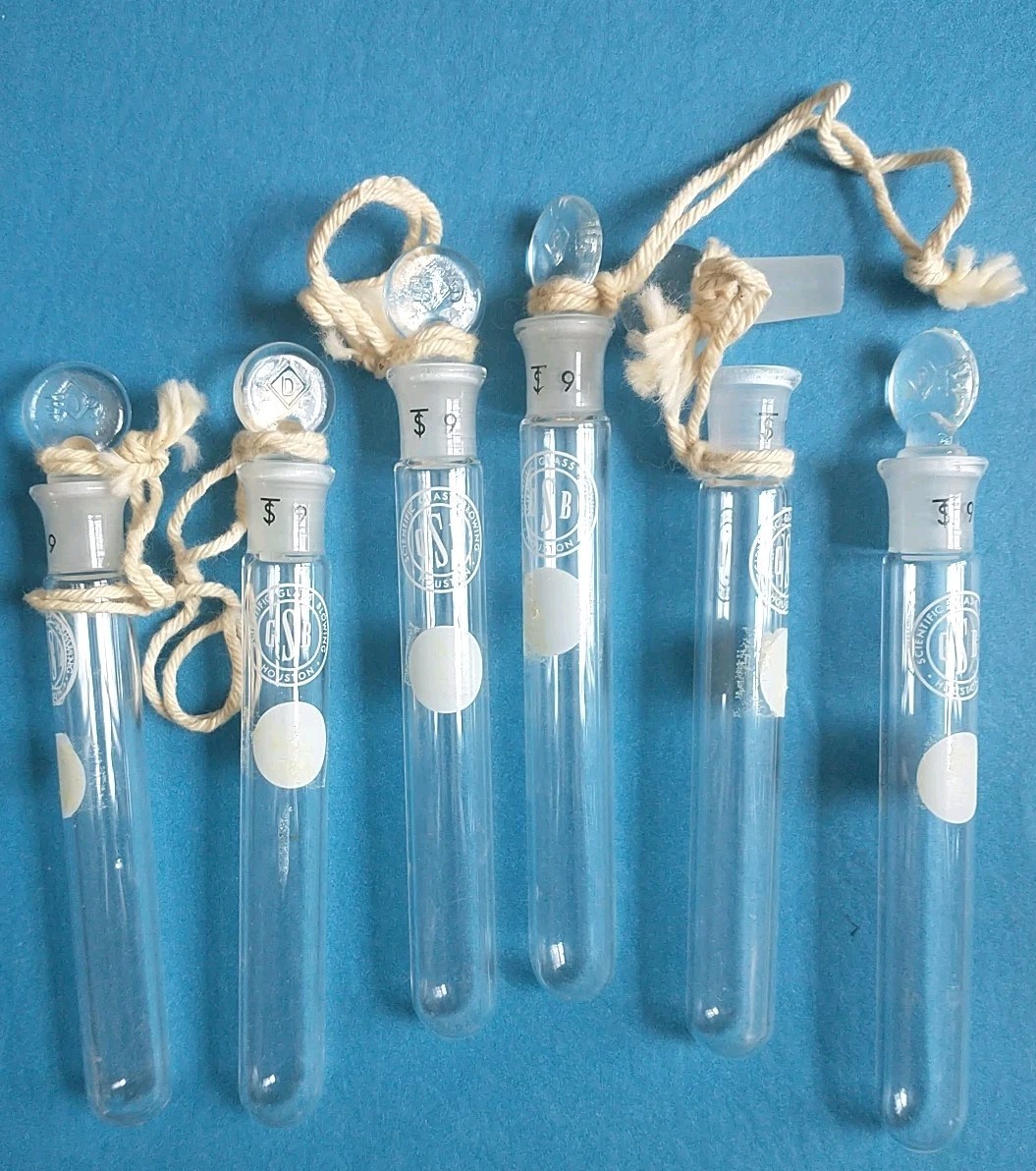 6 Vtg Antique Small STOPPERED Test Tubes 13x100mm Scientific Glass Blowing Co OS