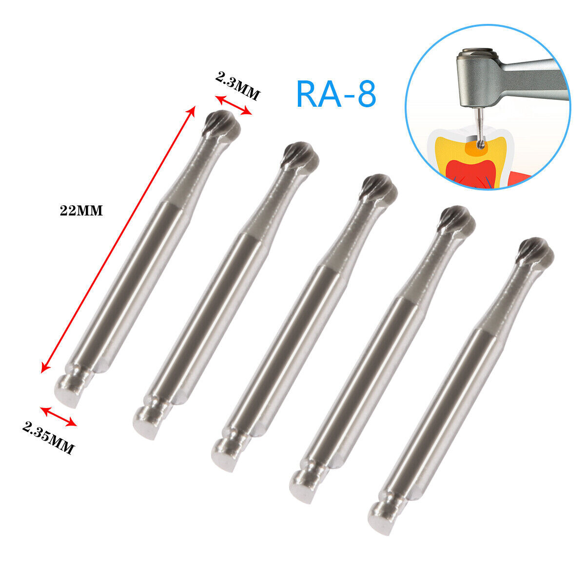5Pcs/Box Dental Tungsten Steel Carbide Burs RA8 Round Low Speed Handpie Drills