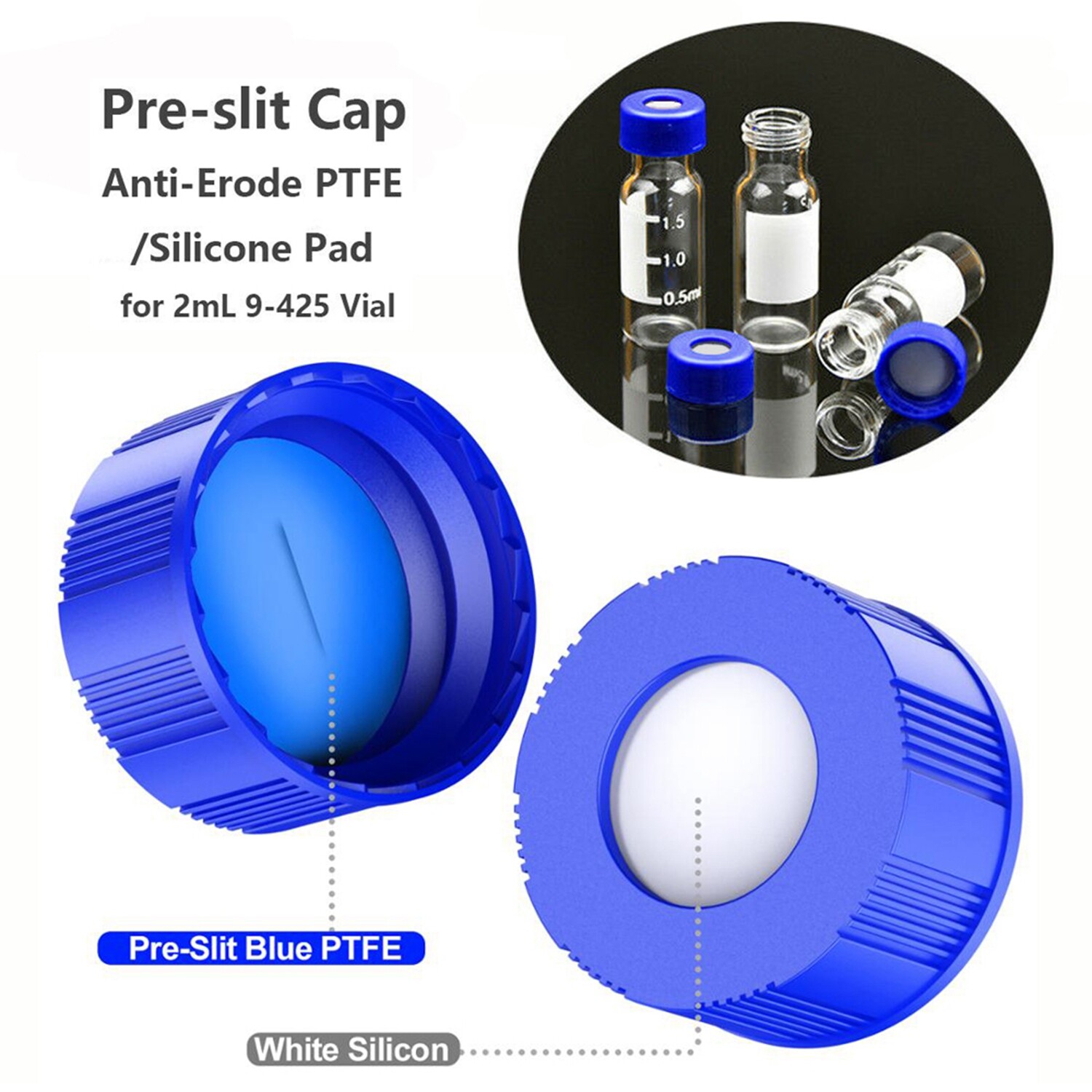 1000pcs 9mm Thread Capa Blue PTFE&White Silicone Pre-Slit for 9-425 2ml GC Vials