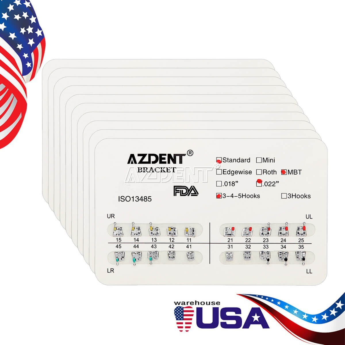AZDENT Dental Orthodontic Brackets Metal Braces Standard MBT 022 Hooks 3-4-5/3