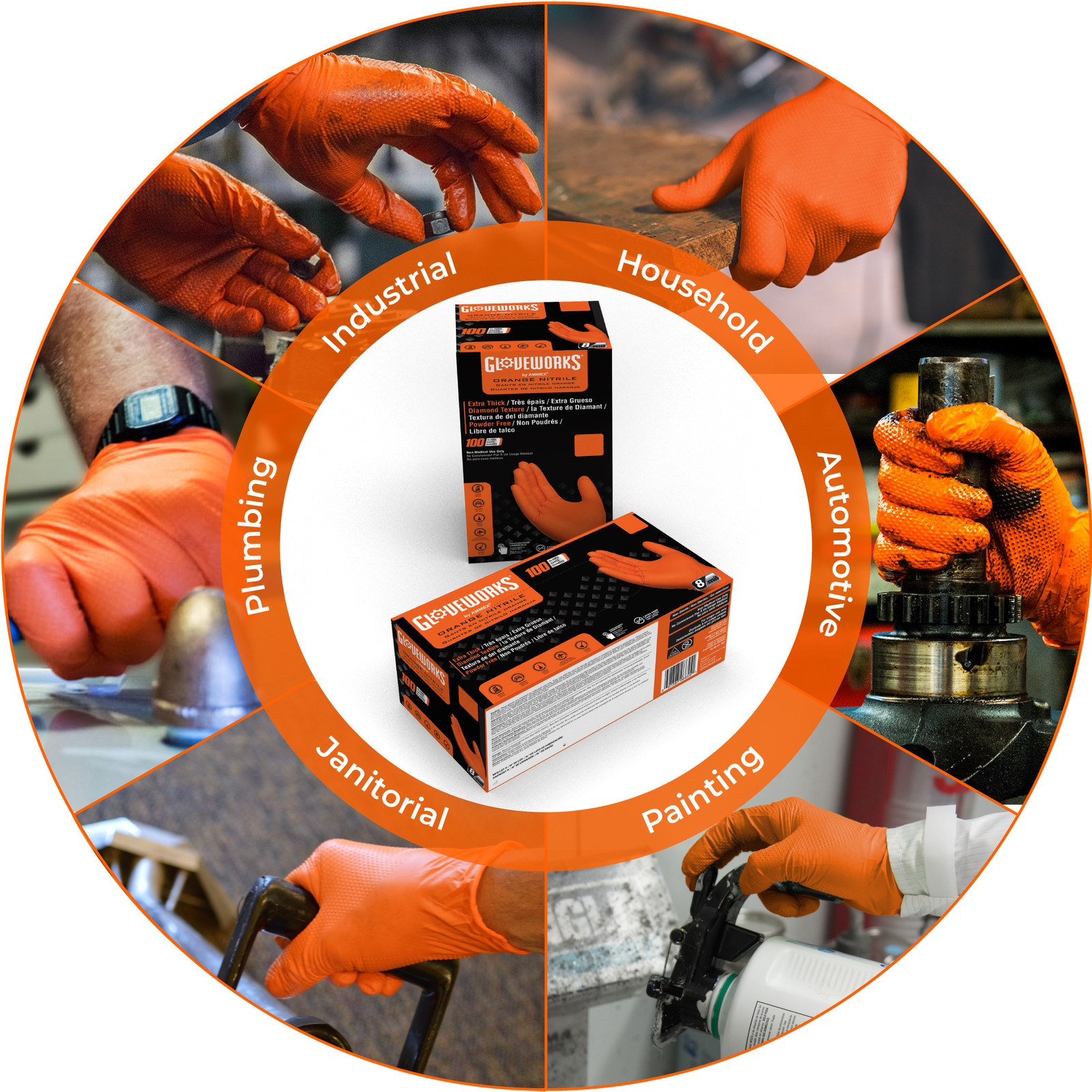 GLOVEWORKS HD Orange Nitrile Disposable Gloves 8 Mil Raised Diamond Texture 1000