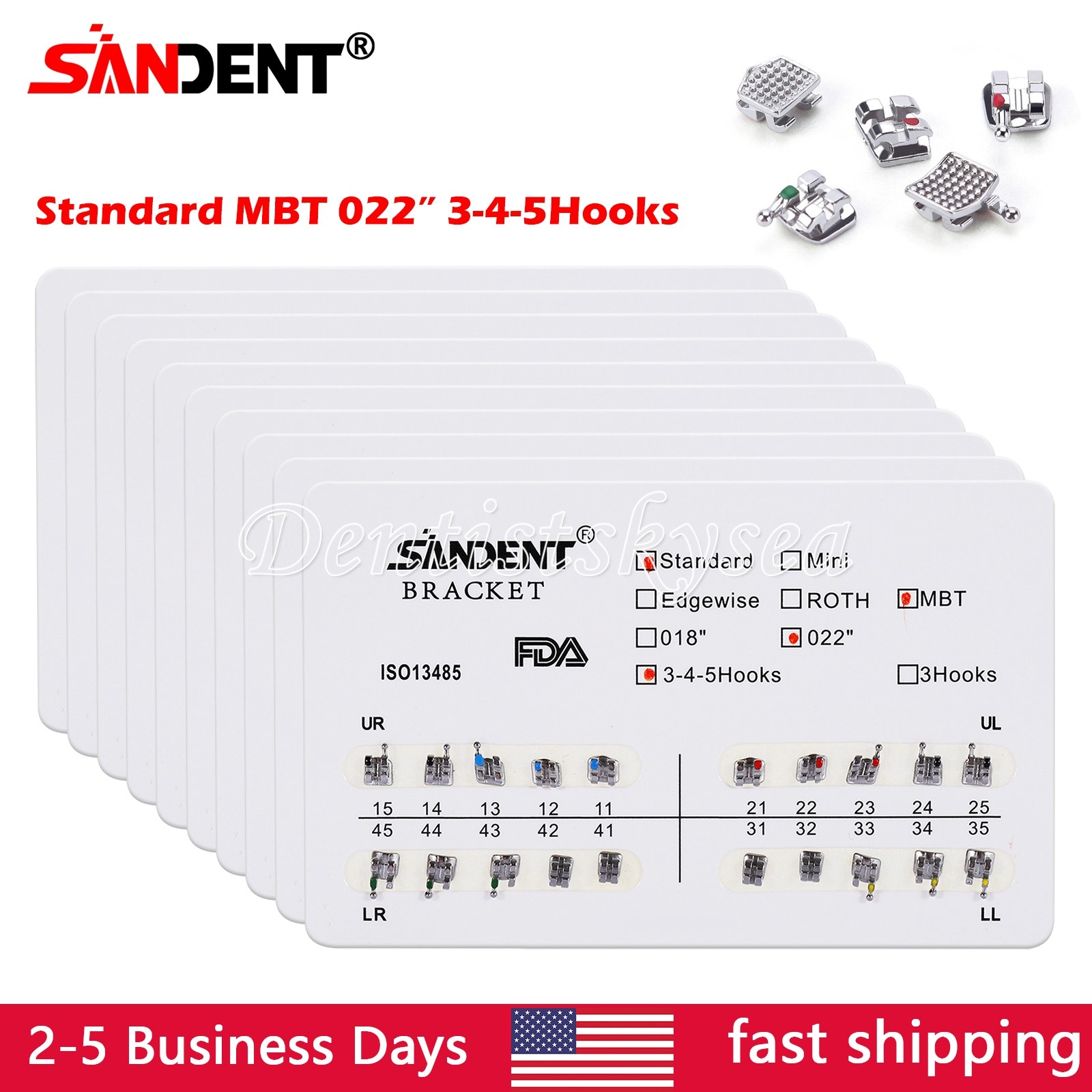 10Packs Dental Orthodontic Brackets Metal Braces Standard MBT 022 Hooks 3-4-5