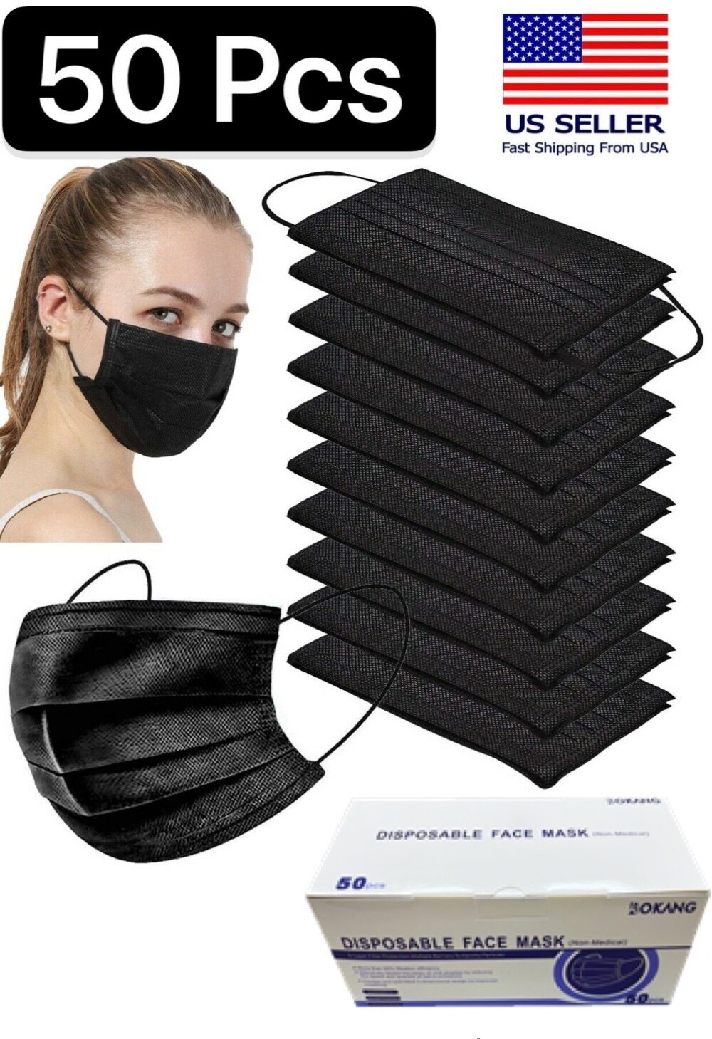 50 PCS Face Mask Mouth & Nose Protector Respirator Masks with Filter Black