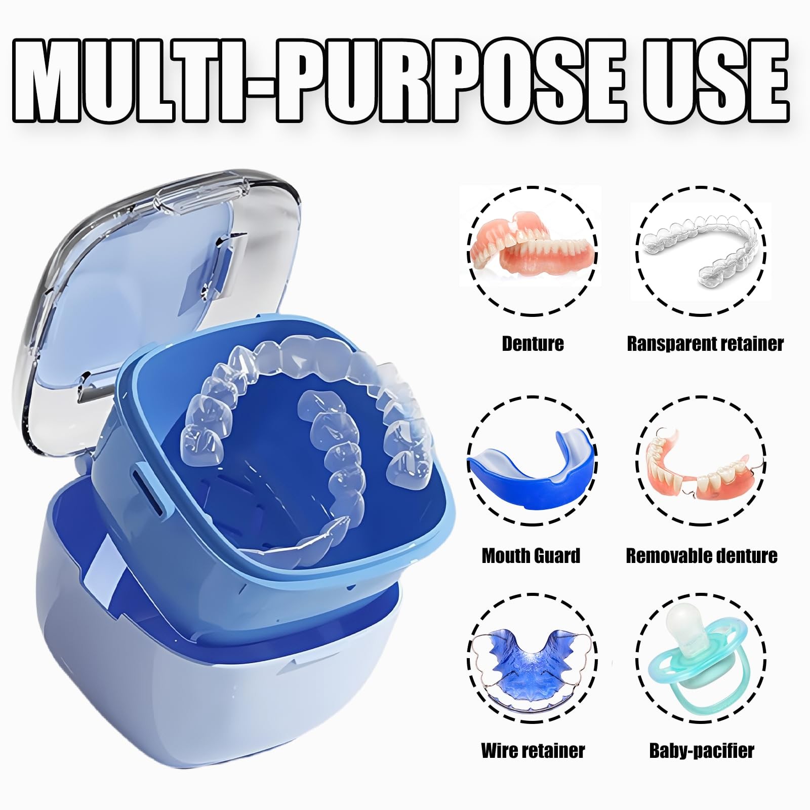 Denture Case, Retainer Cleaning Box, Large Capacity Container Blue