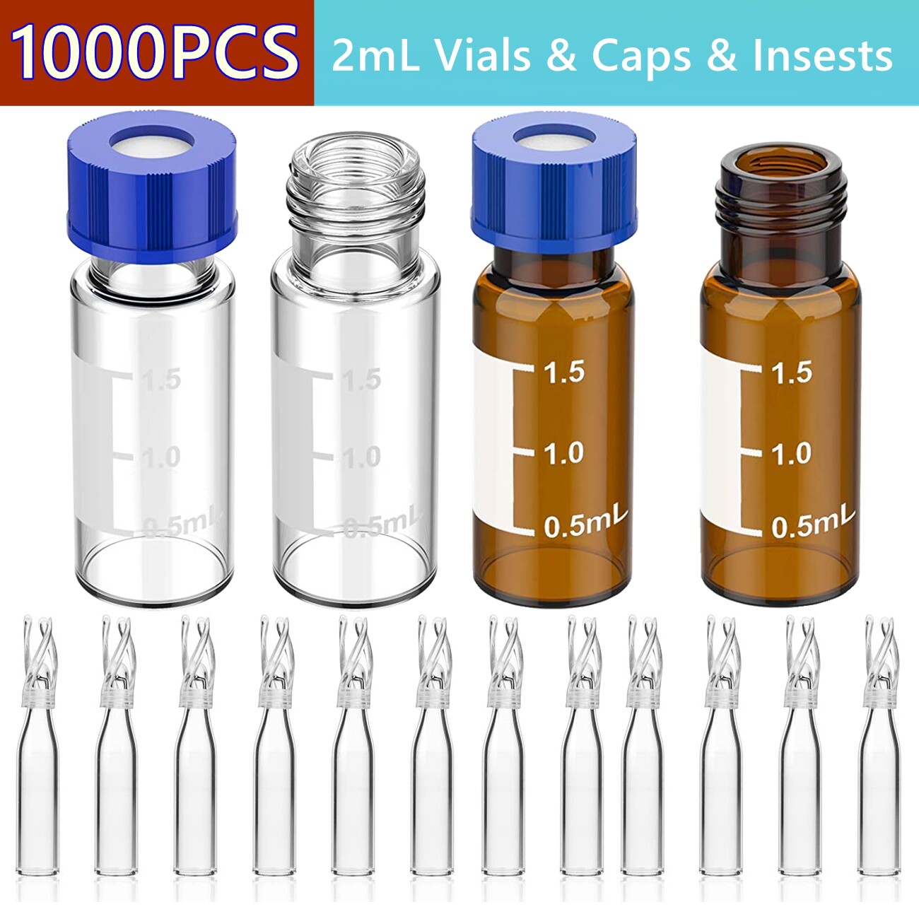 1000PCS 2ml Clear/Amber Vials+Screw Caps PTFE w/Writing Area+250uL Vials Inserts