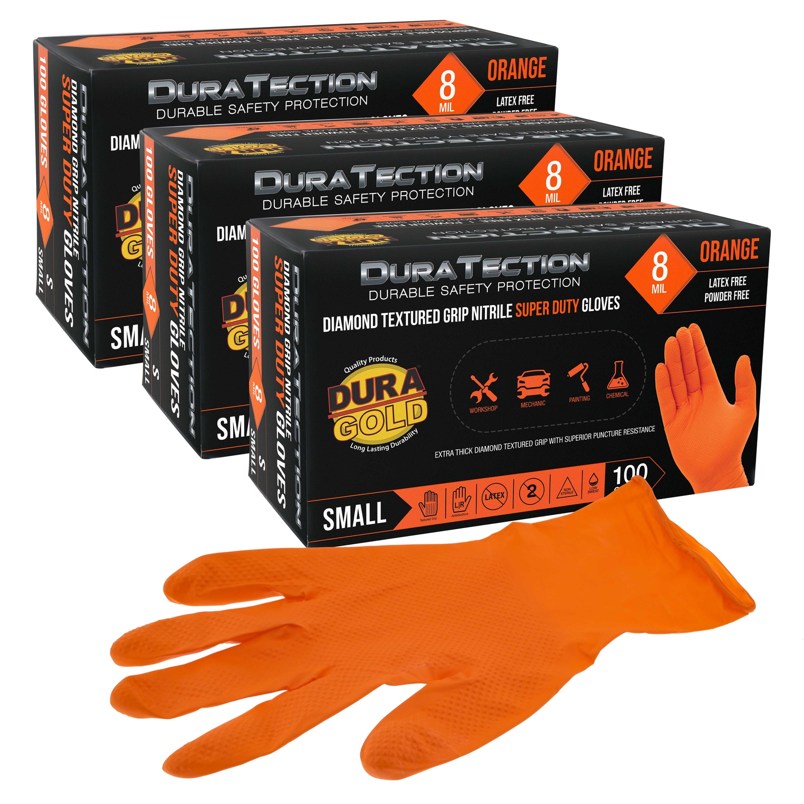 Duratection 8 Mil Super Duty Diamond Textured Nitrile Gloves, 300 Gloves, Small