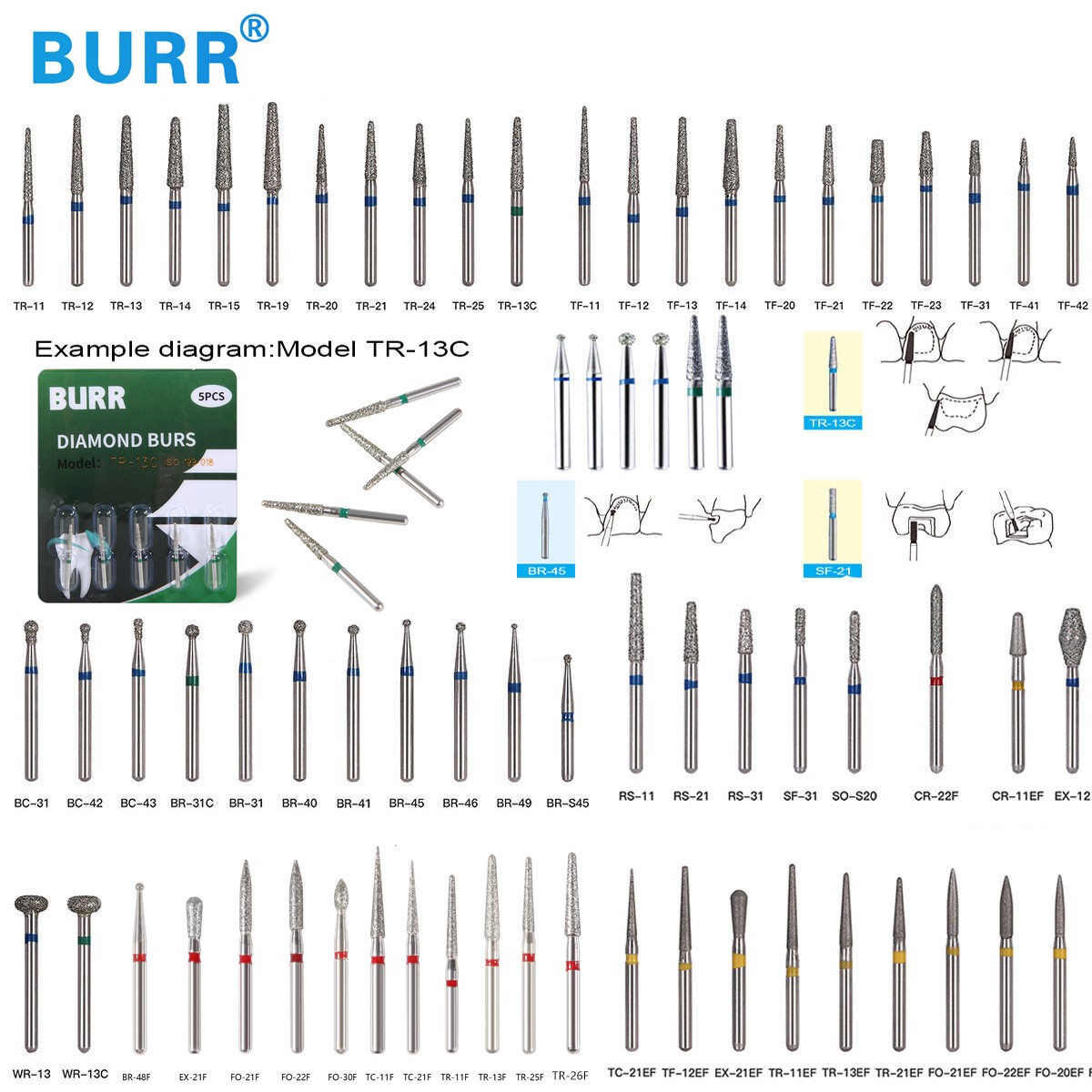 100 Types Dental FG Diamond Burs For High Speed Handpiece Friction Grip CE