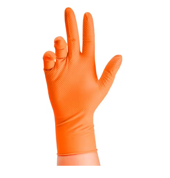 First Glove Grip Orange Nitrile Disposable Gloves 8 Mil Raised Diamond Texture