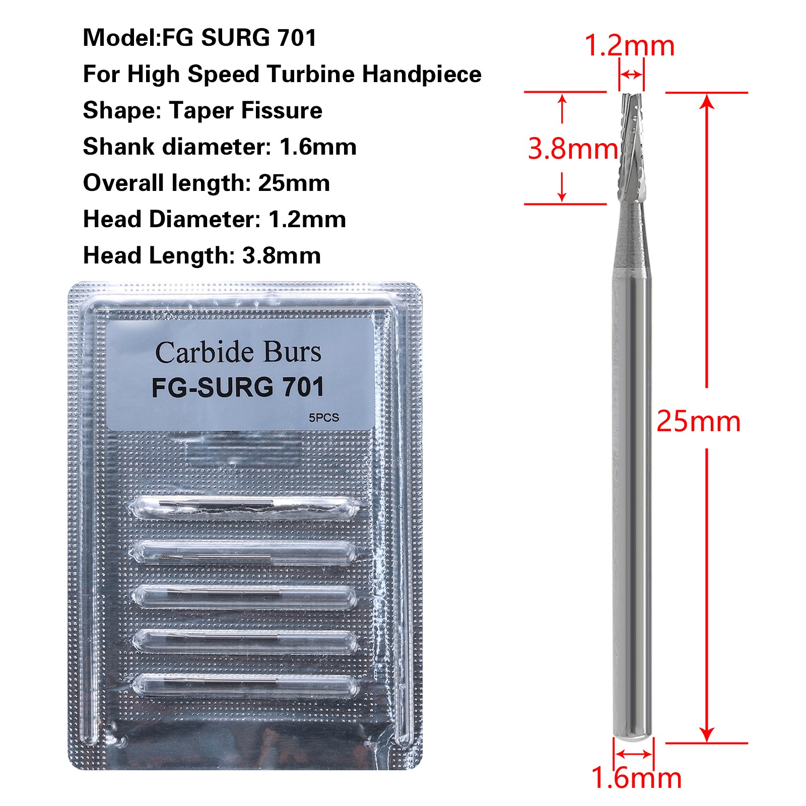 Dental Surgical Length Burs 701 High Speed Long Shank Carbide FG 5pcs/pack fo