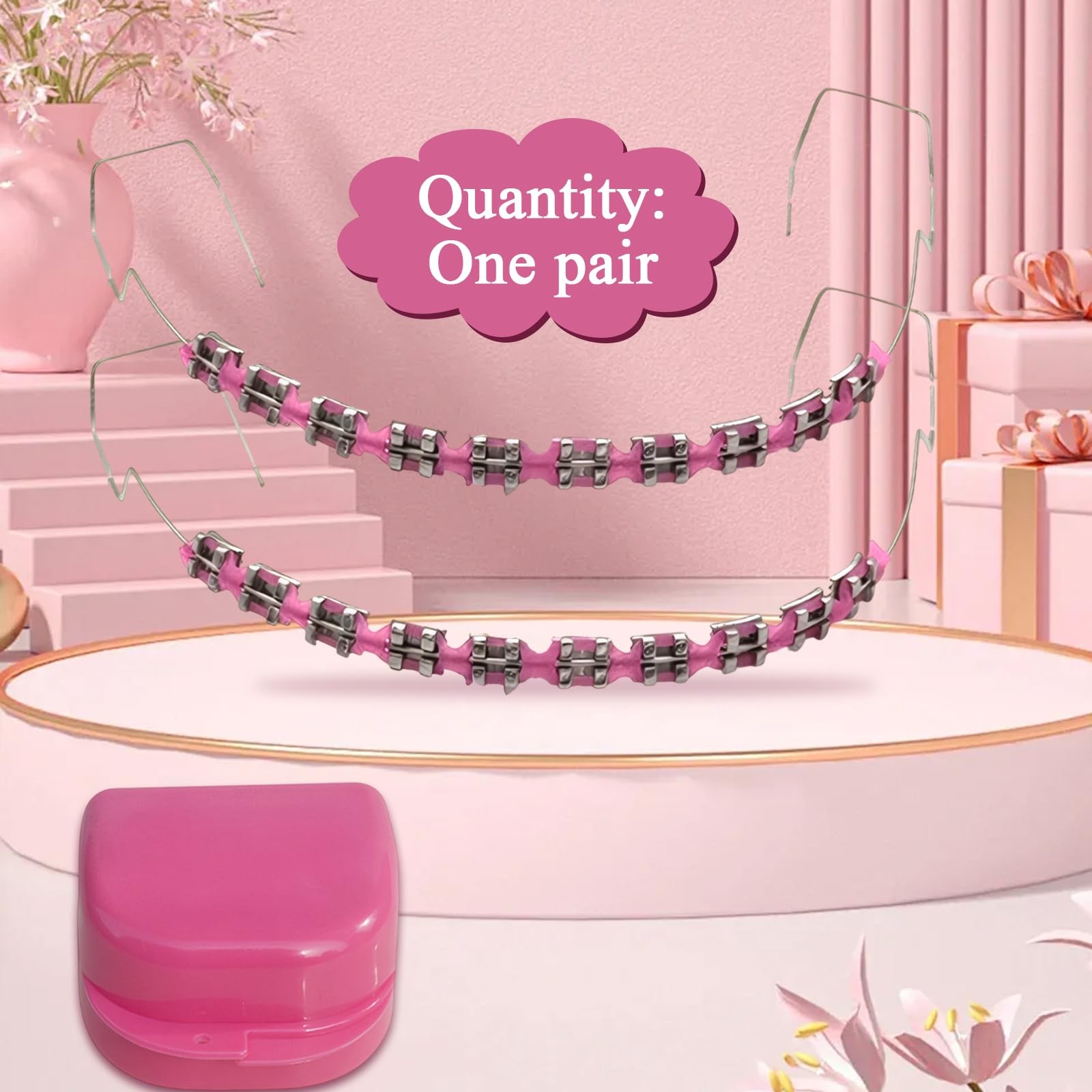 1 Pack Fake Braces, Temporary Tooth Decoration with Metal Wires, Pink