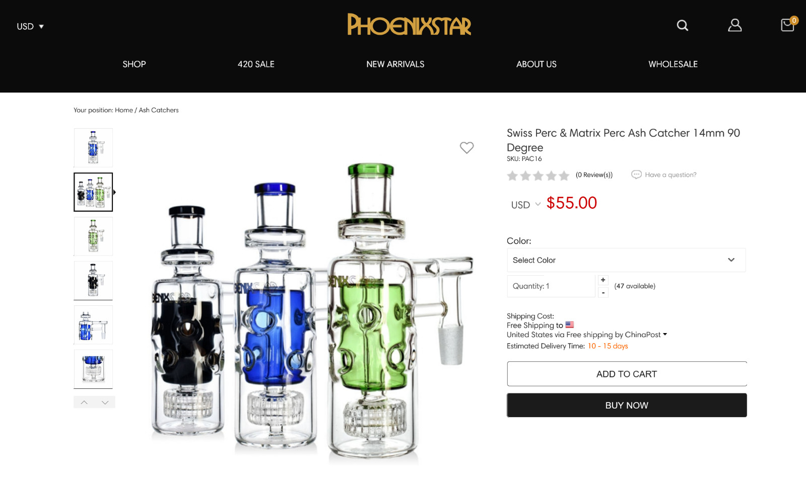 Ash Catcher 45° Phoenix 14 mm Tobacco Water Pipe Glass EXTRA THICK Phoenix 2024