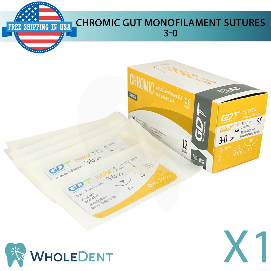 Chromic Sut ure Sewing Thread 3/8 Circle Reverse Sterile 3-0 USP 12pcs/Box 75cm
