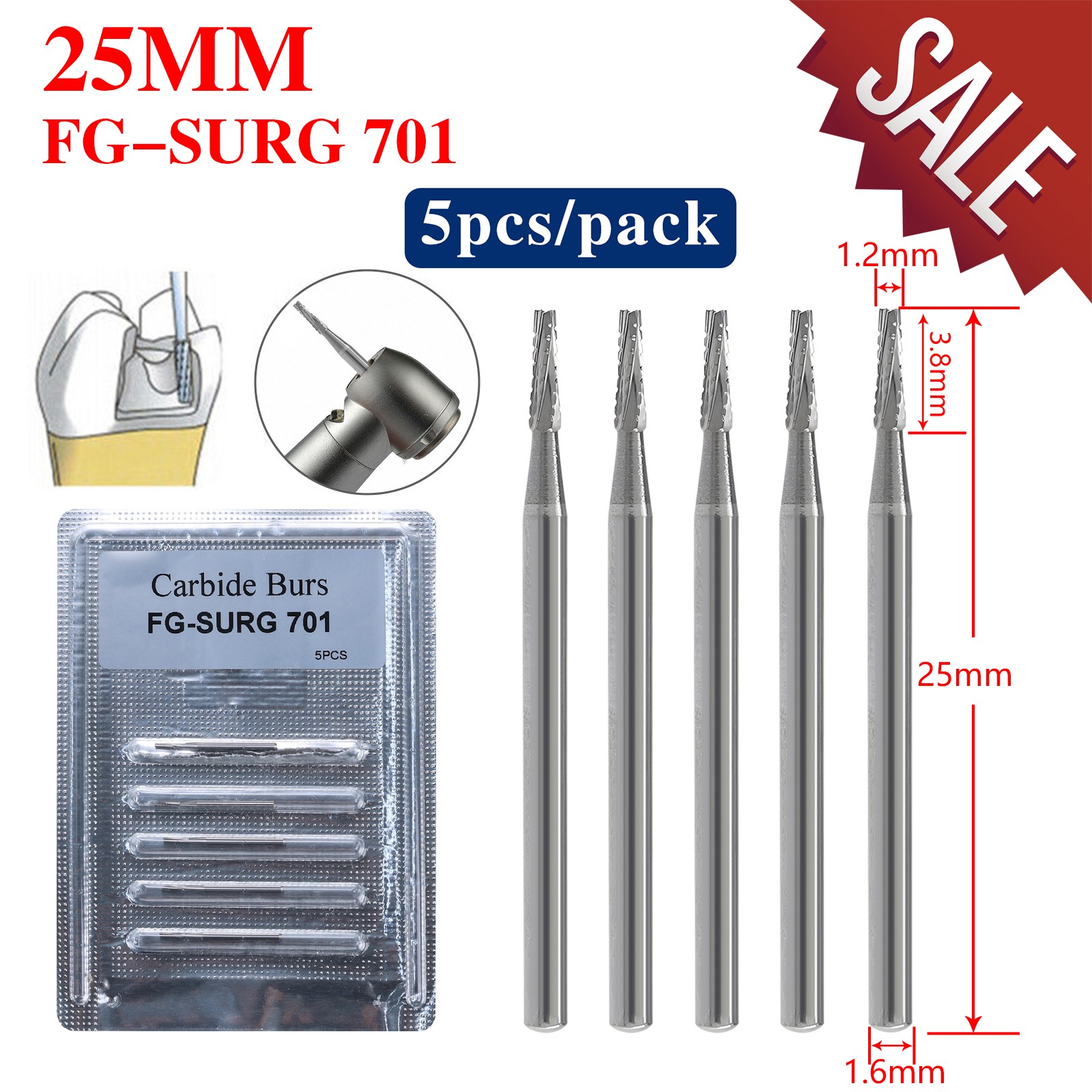 Dental Surgical Length Burs 701 High Speed Long Shank Carbide FG 5pcs/pack fo