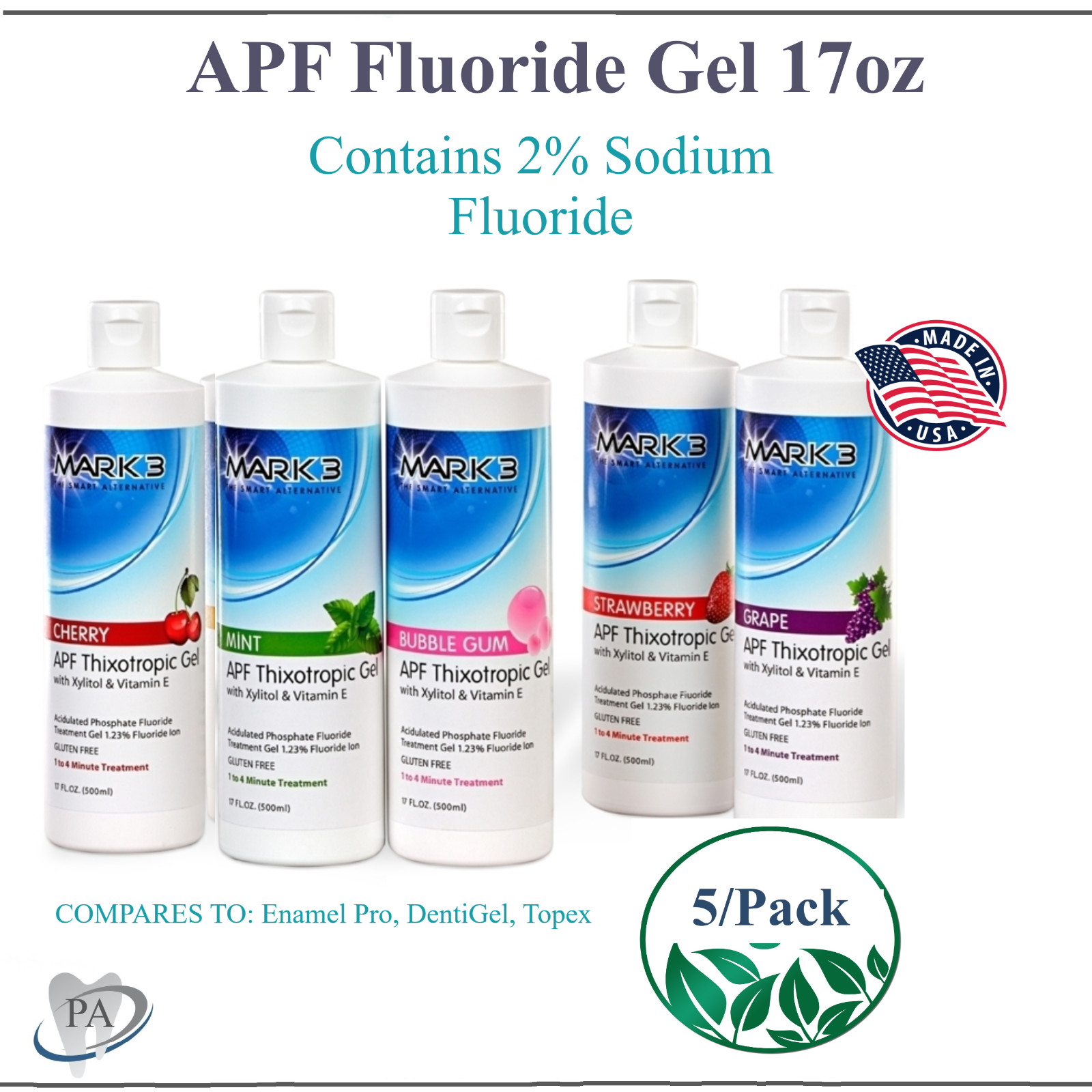 5 x Bottles Dental Fluoride Gel APF Thixotrophic Fluoride 1.23%, 17oz, Exp 09/25