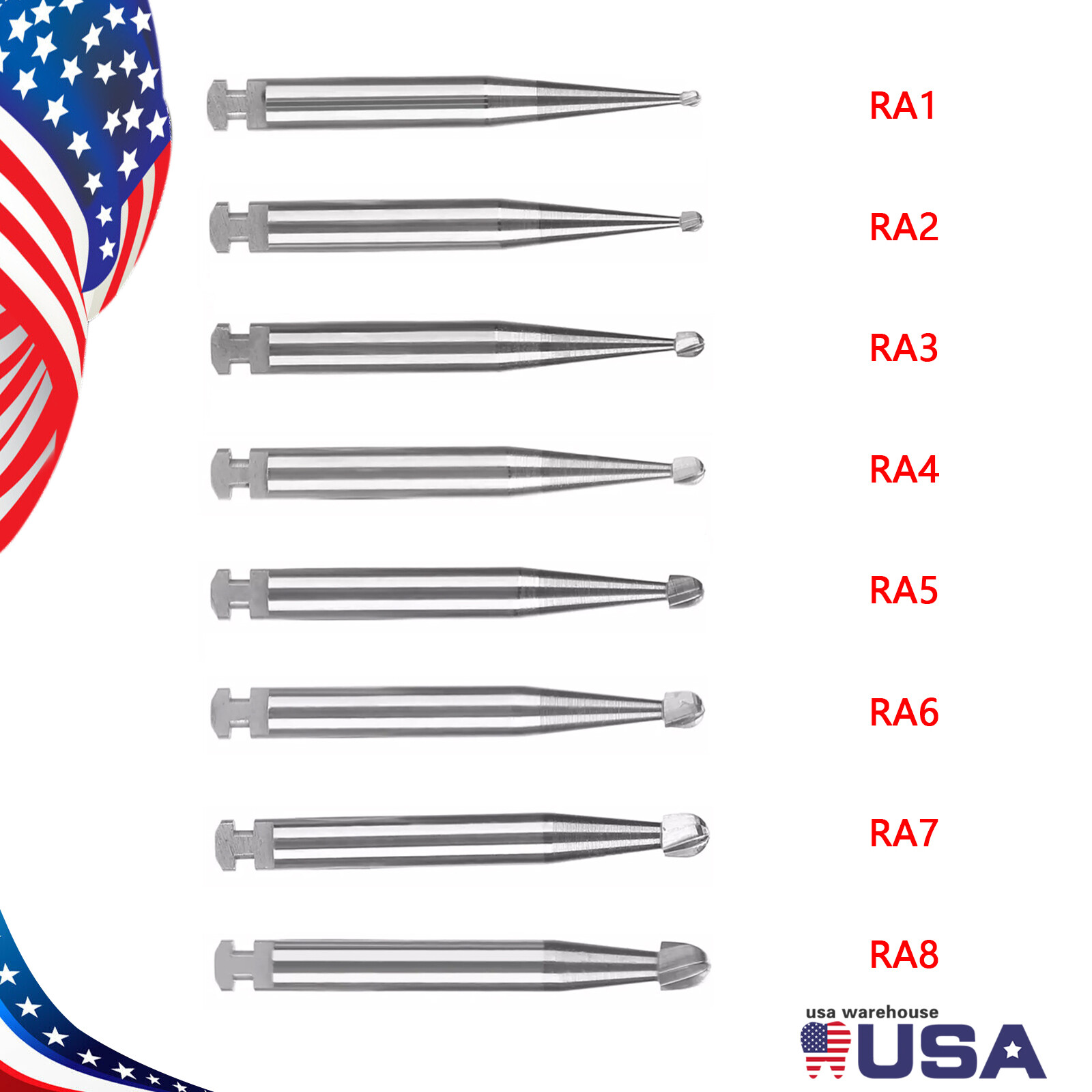 5 Pcs/Pack Dental Carbide Bur RA Round For Slow Speed Latch Type Burs 1#-8#