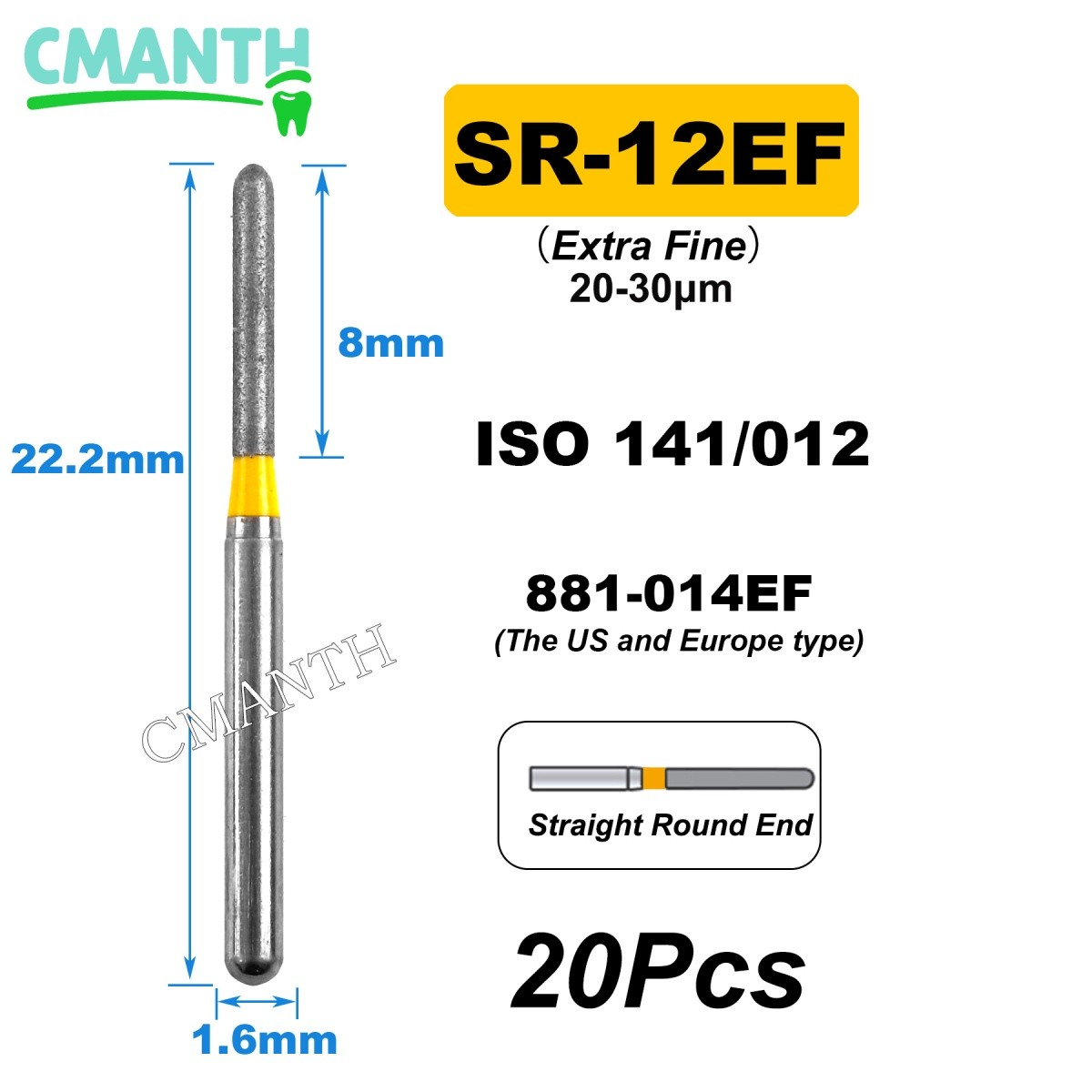 US Fine Dental Burs Diamond Burs High Speed Turbines Drills Tools 1.6mm 20pcs
