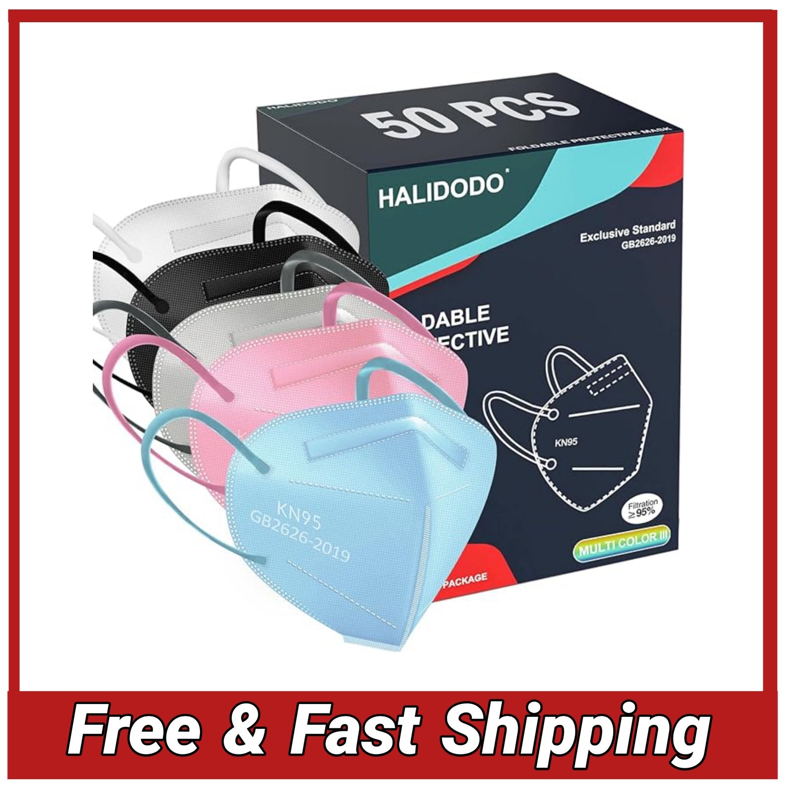 HALIDODO 50 Pack KN95 Face Mask 5-Ply Wrapped Multi-Color Elastic Earloops