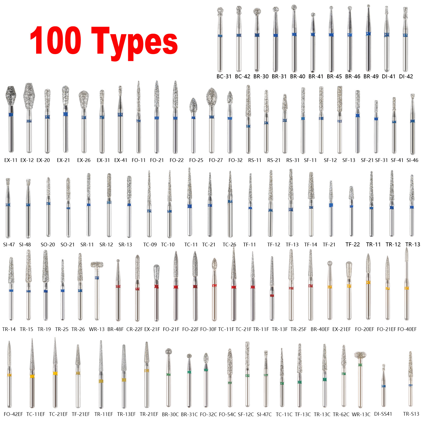 50pcs Dental Diamond Burs FG Round End Taper Pear Football Fine Coarse Grit