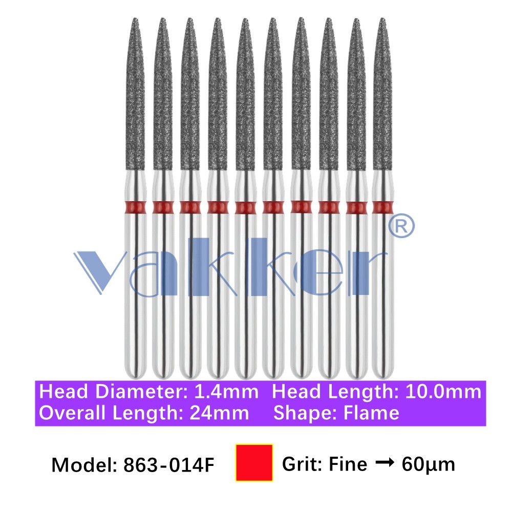 Vakker 10pc Dental 863-014F Fine Grit FG Diamond Burs Friction Grip Flame Shape