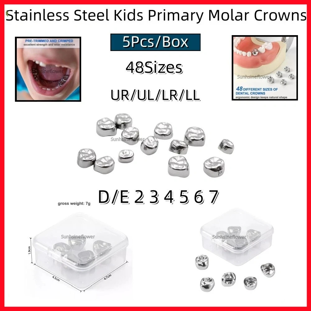 5Pcs Dental Stainless Steel Kids Primary Molar Crowns Pediatric crown 48 Size