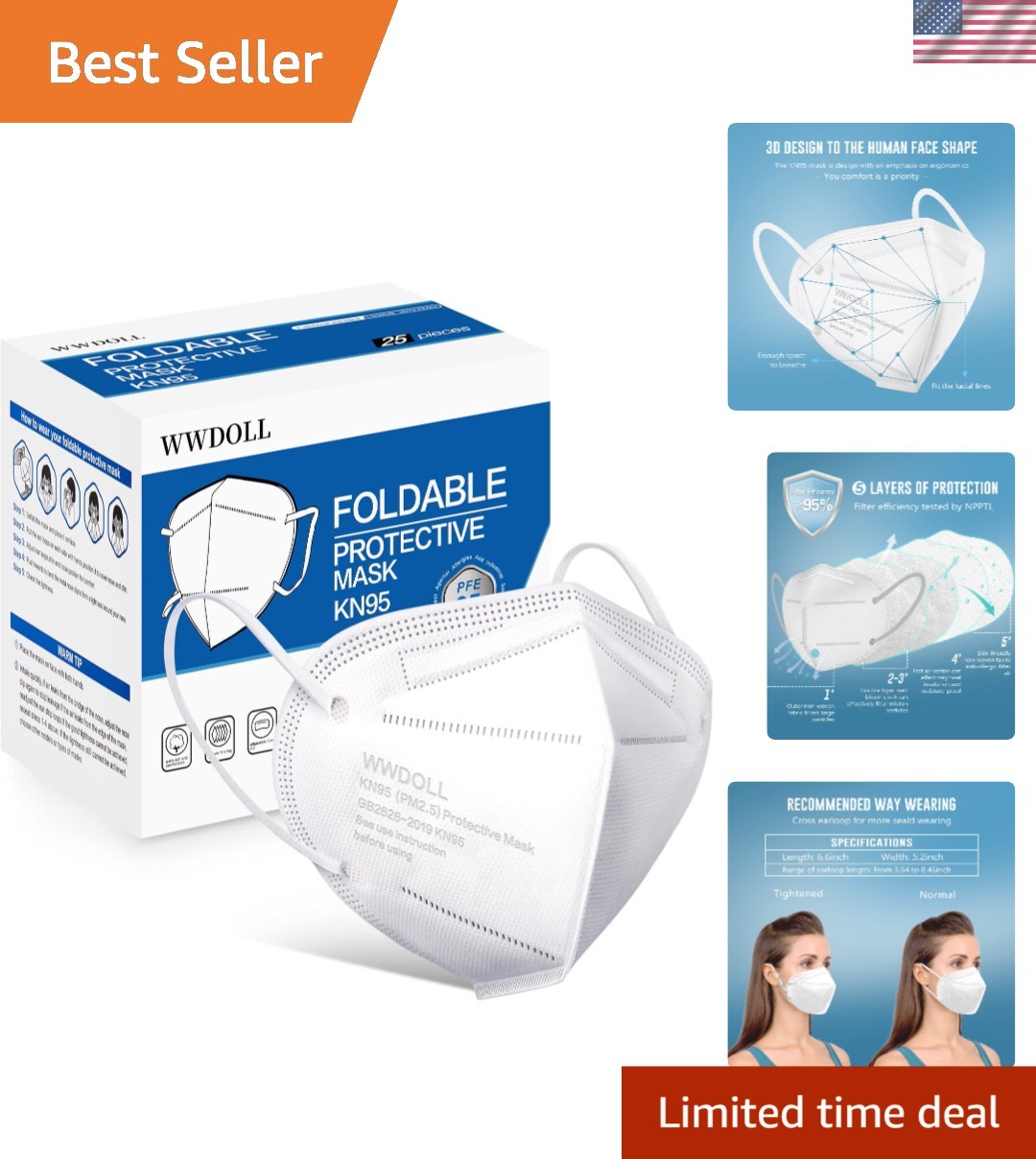 Comfortable 5-Layer KN95 Masks – 25 Pack, Adjustable Fit for Everyday Use
