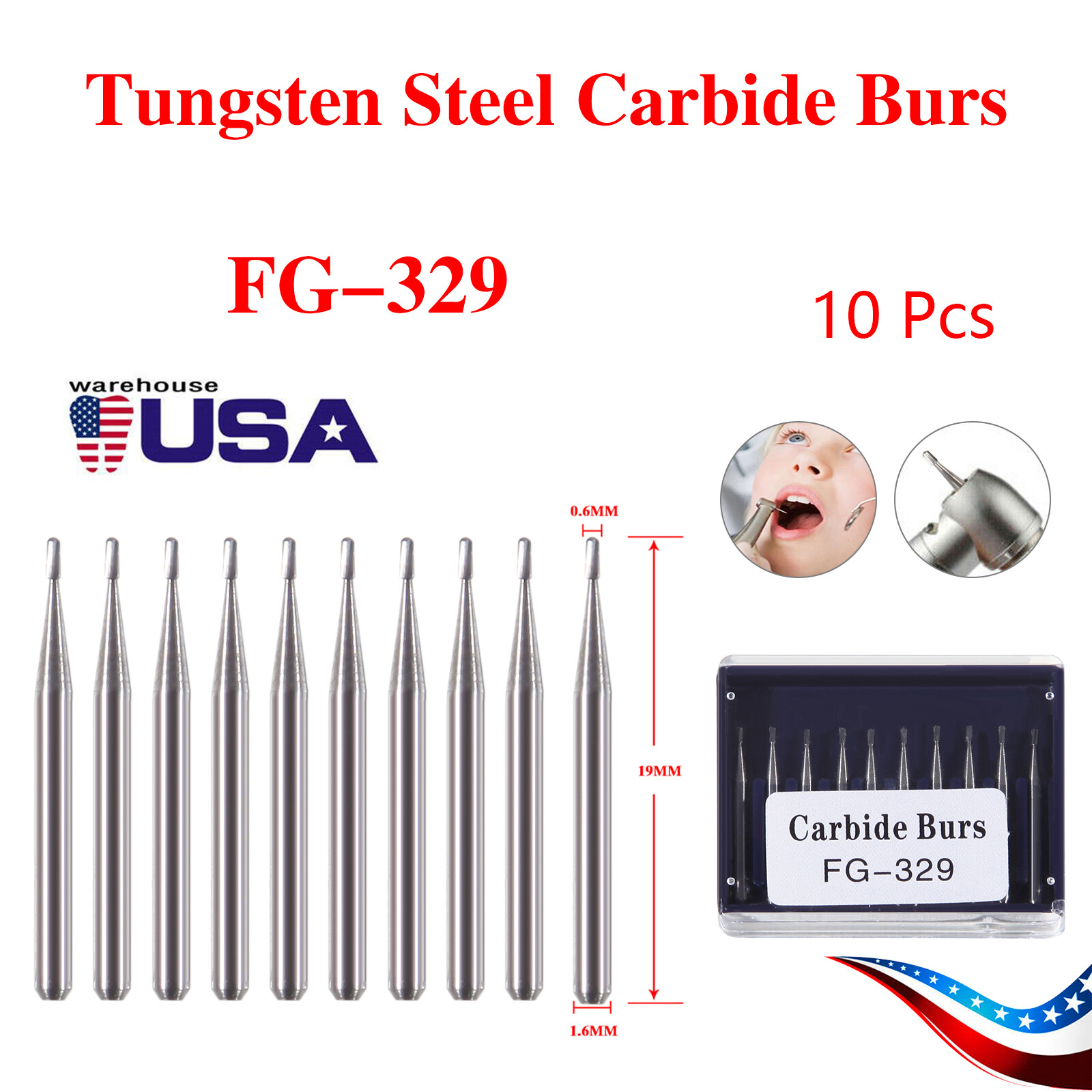 10Pcs Dental Carbide Bur FG 329 Pear for High Speed Handpiece Friction Grip Burs