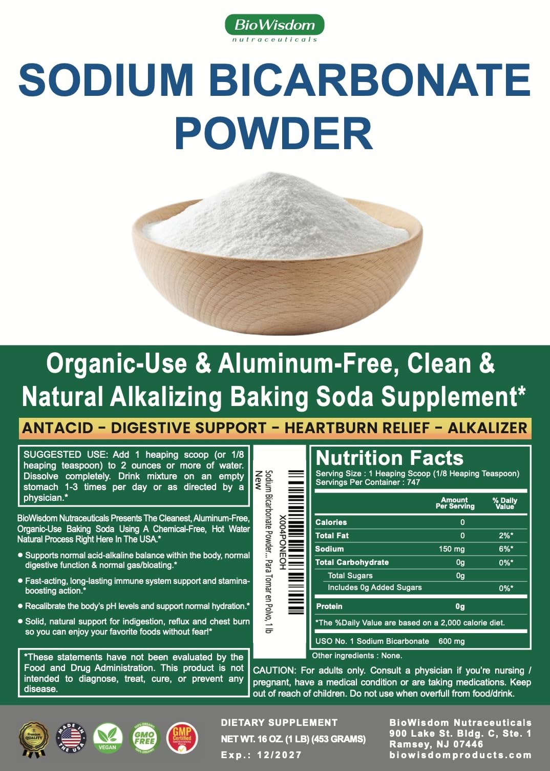 Sodium Bicarbonate Powder for Organic Use, Grade 1 16 Ounce (Pack of 1)