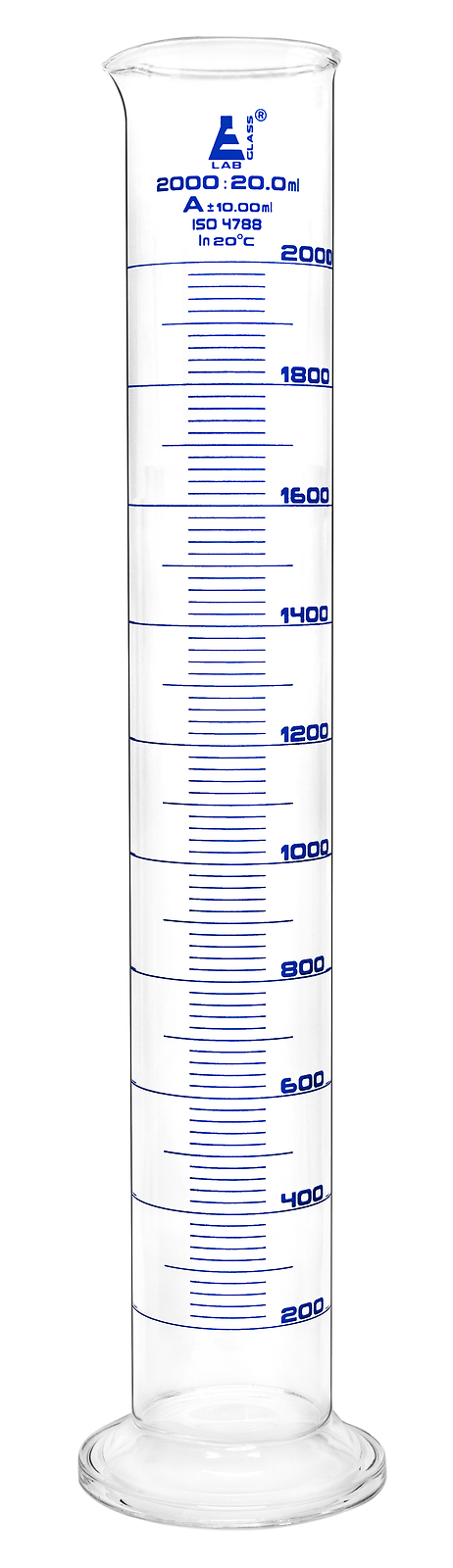 Eisco Labs 2000ml Graduated Cylinder, Class A – Blue Graduations, Round Base