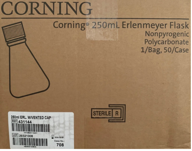 (431144) Corning® 250 mL Polycarbonate Erlenmeyer Flask with Vent Cap 50/case