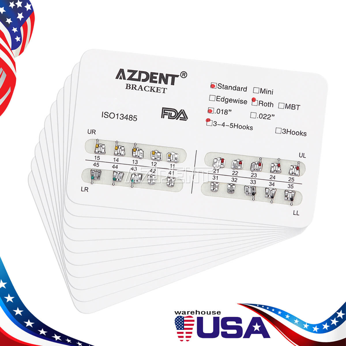 AZDENT Dental Orthodontic Brackets Braces Standard MBT/Roth.022/.018 Hooks 3/345