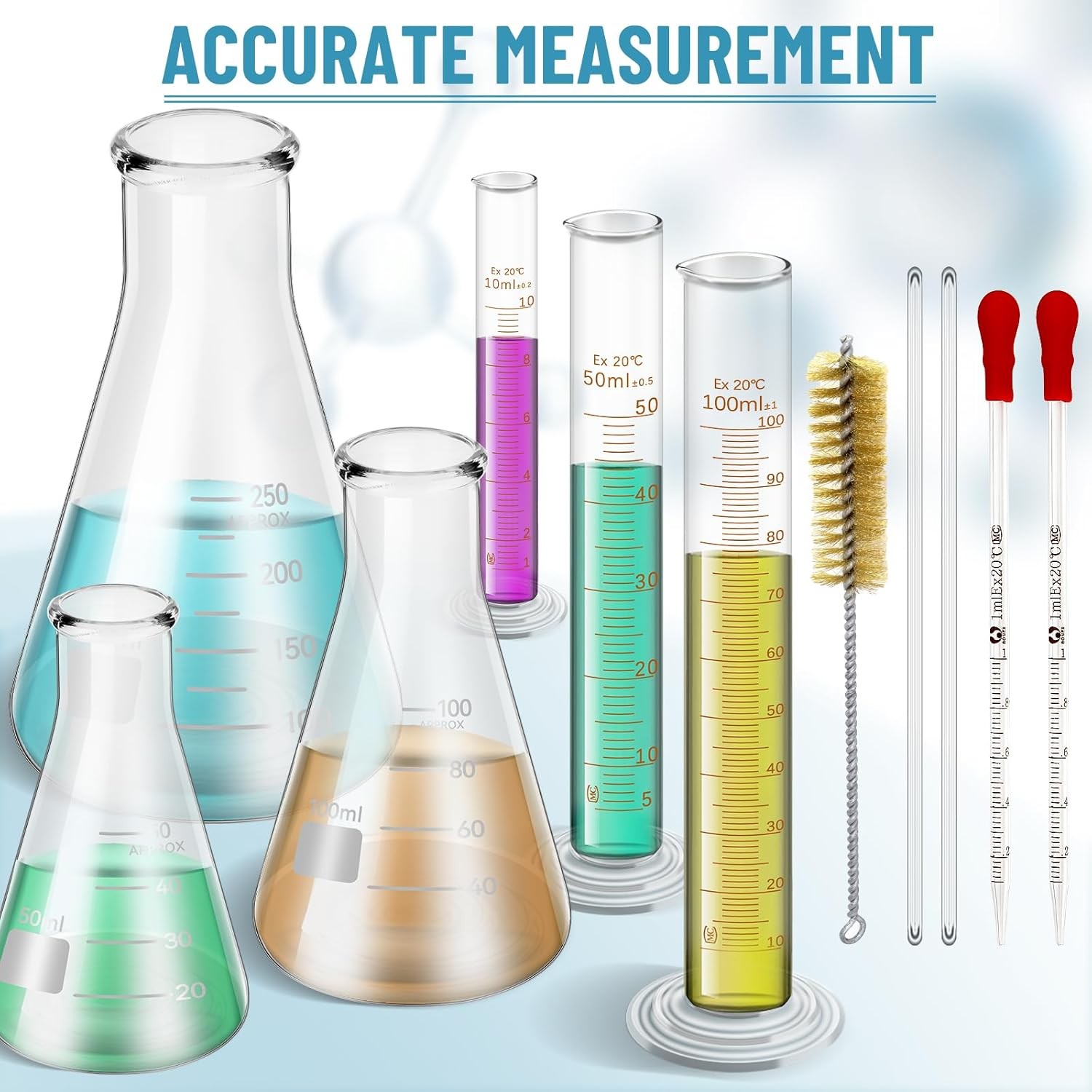 11Pcs Lab Flask Glass Measuring Glass Set: Flask& Cylinders with Stirring Rod