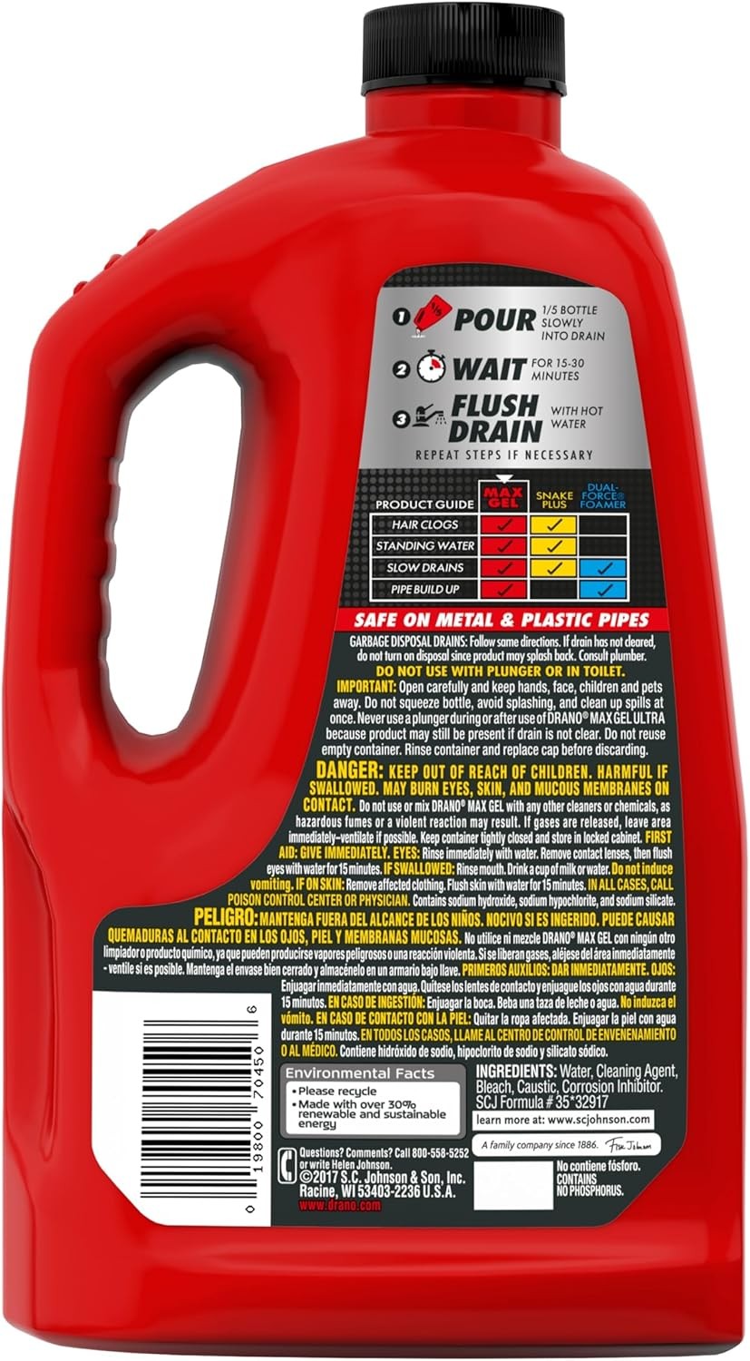 Drano Max Gel Drain Clog Remover and Cleaner for Shower 80 Fl Oz (Pack of 2)