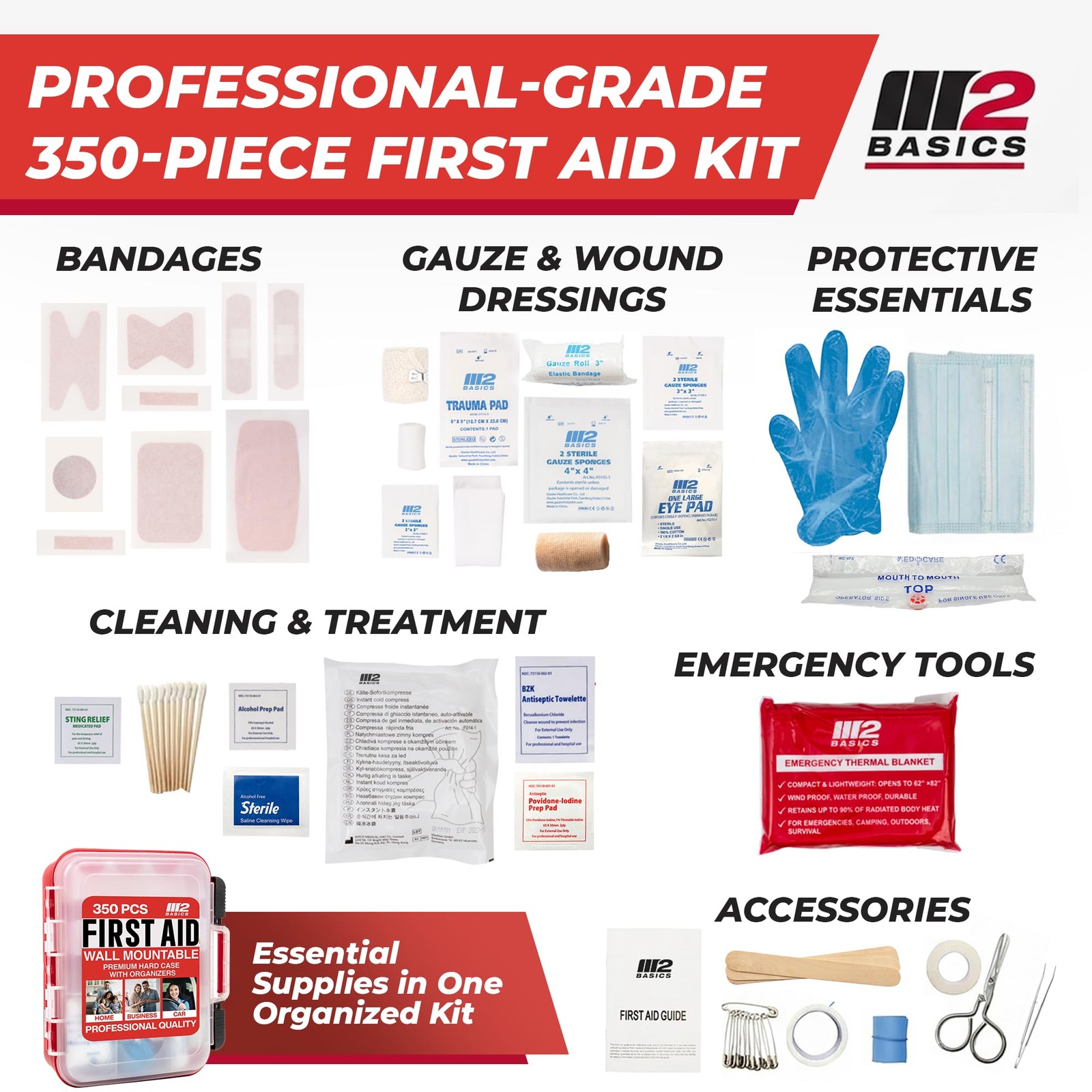 M2 BASICS 350 Piece Professional Wall-Mount First Aid Kit, 350 Set, Red