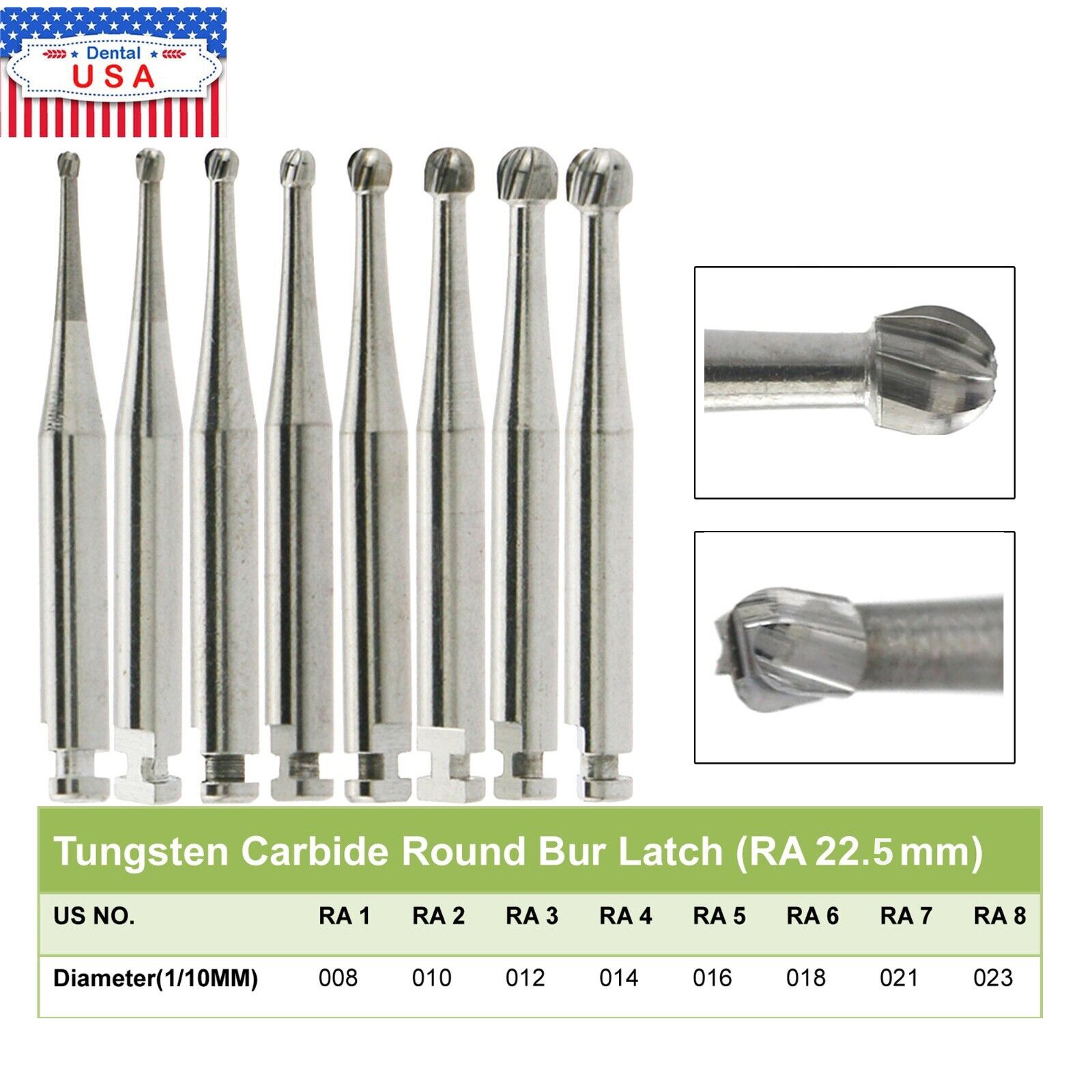 RA1-8 Dental lab Clinic Low Speed RA Round Carbide Burs for Slow Speed Latch BLR