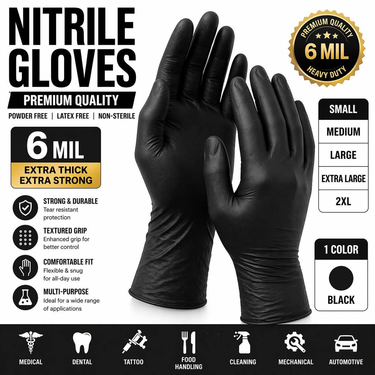 6 Mil Black Nitrile Gloves Disposable Heavy Duty Powder Free Latex Free S-2XL