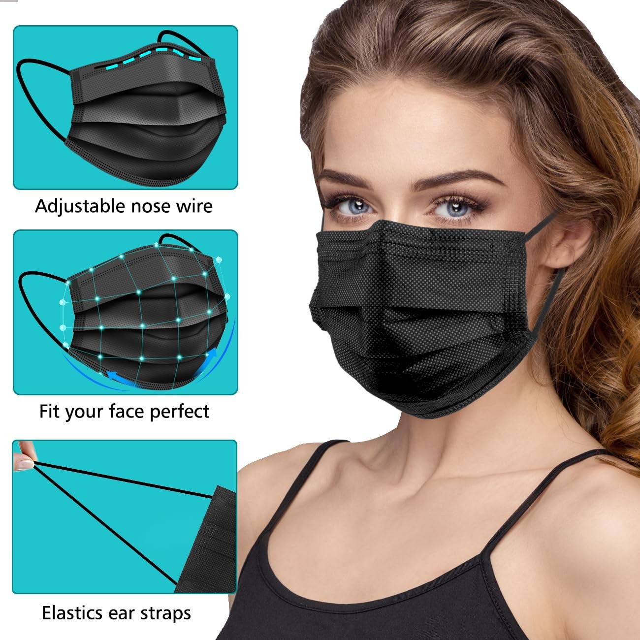 50PCS Disposable Face Masks, Black Masks, 3 Layer Protection Black Disposable…