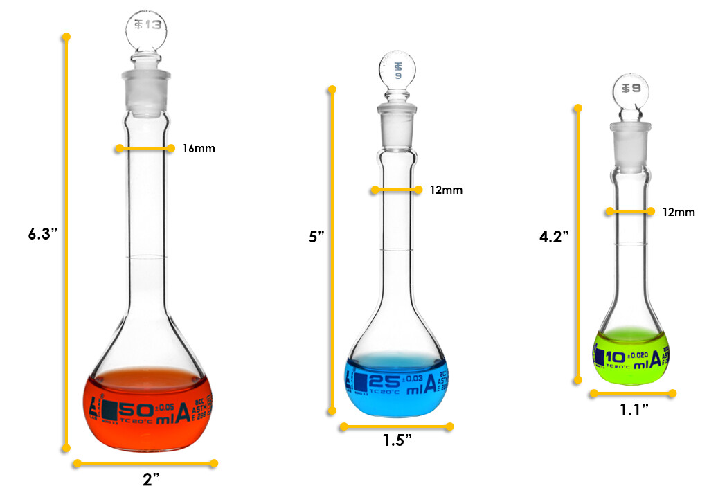 Eisco Labs Volumetric Flask Set, 10, 25, 50ml – Class A, ASTM